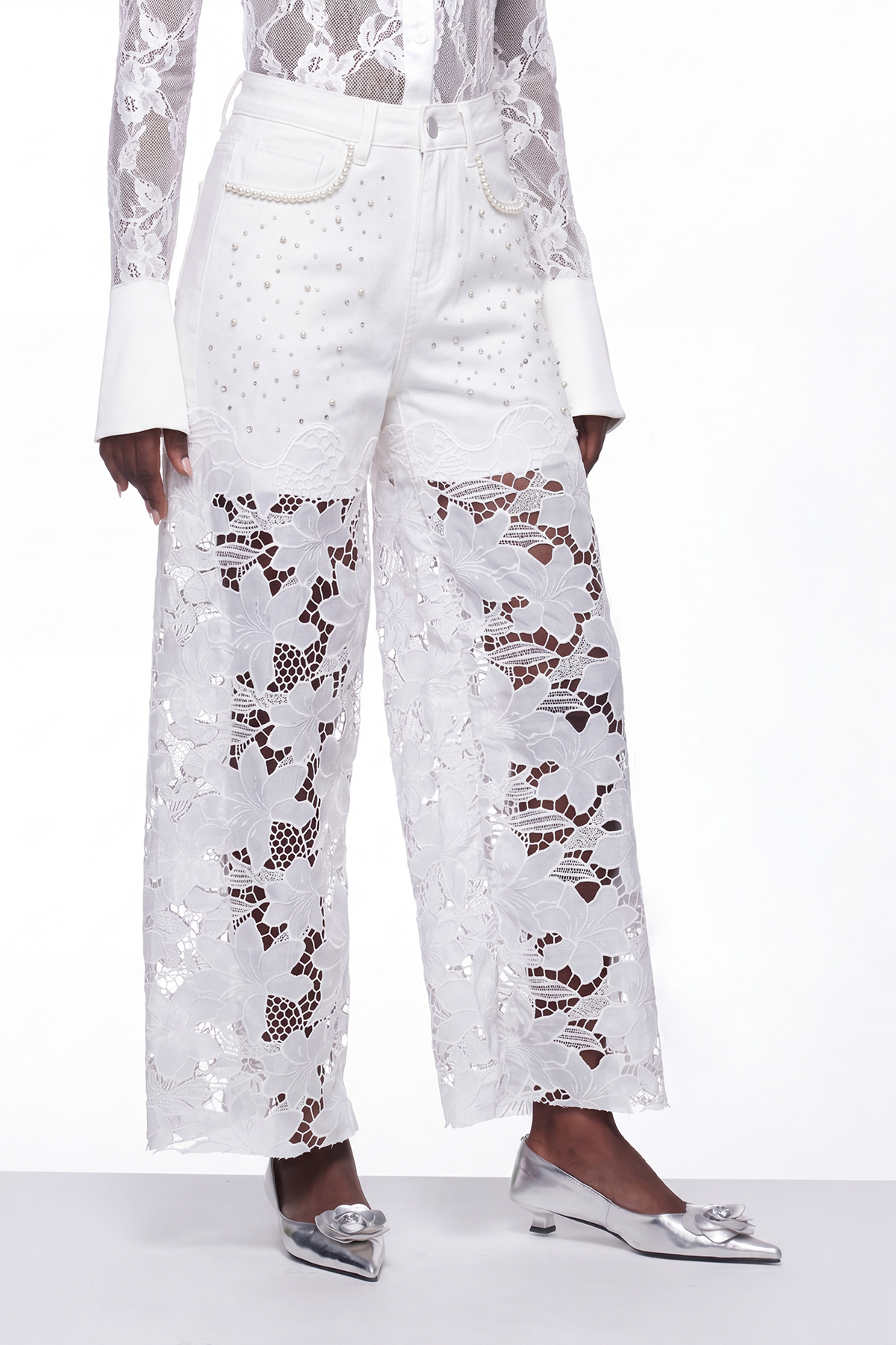 Judith Pearl Floral Cutout Jeans In White