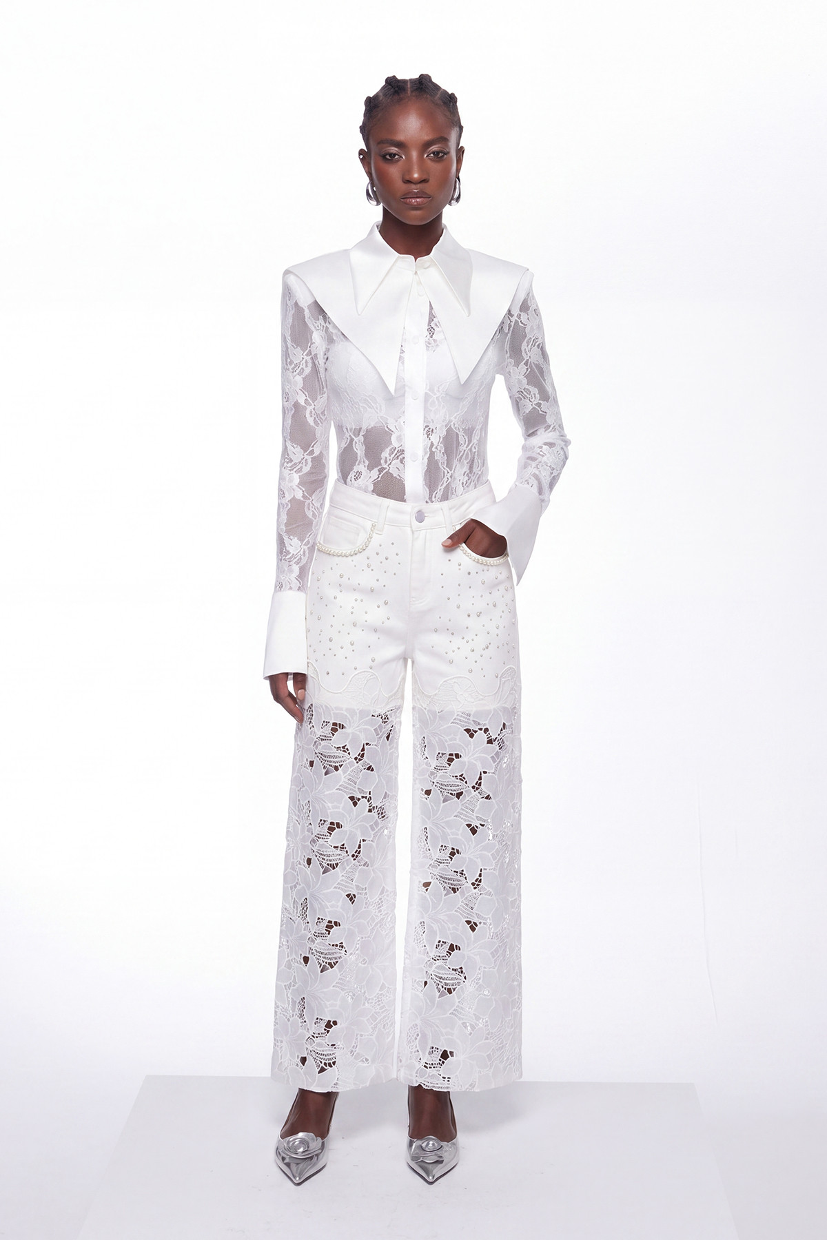 Judith Pearl Floral Cutout Jeans In White