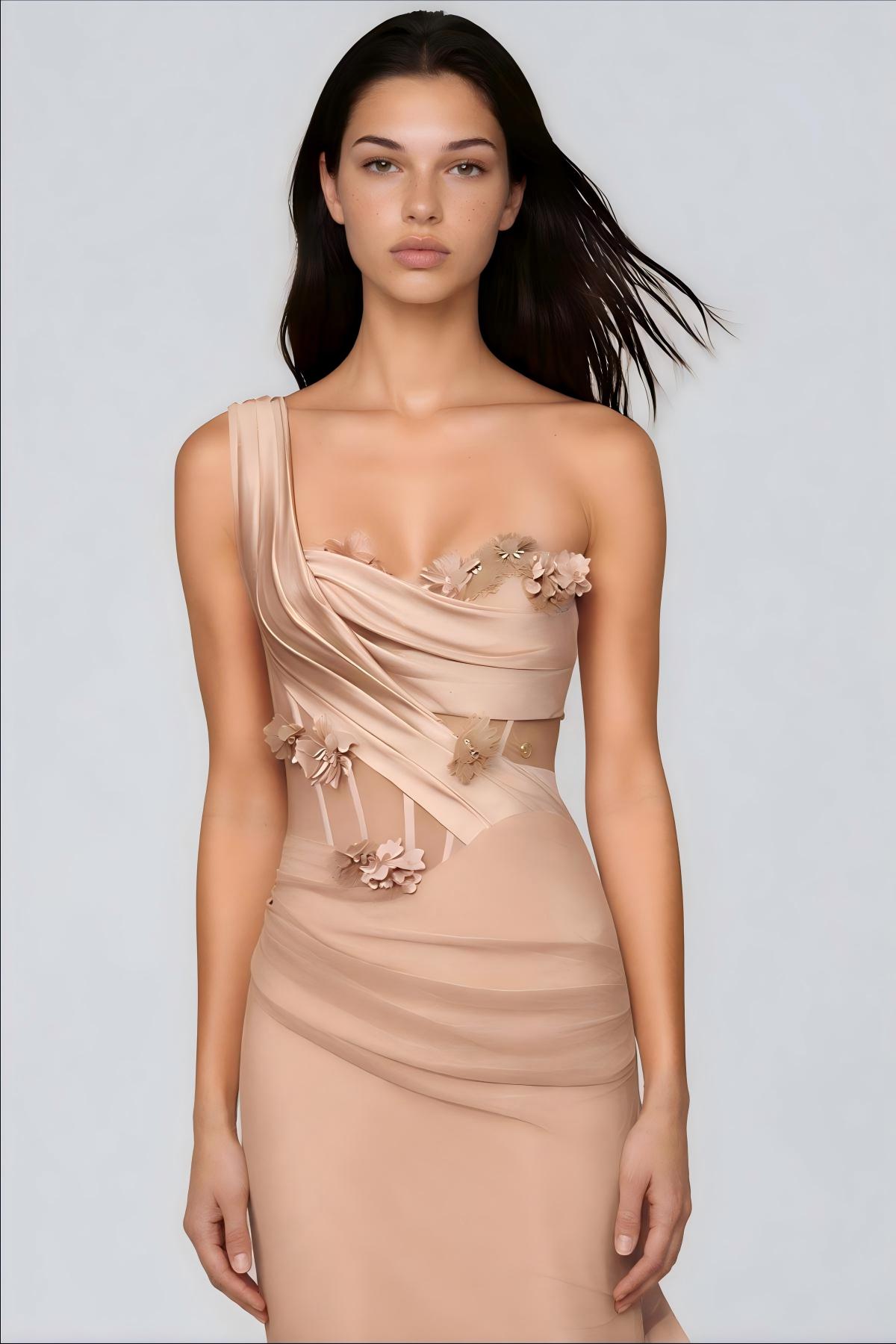 Kahikilani One Shoulder Ruch Flower Maxi Dress
