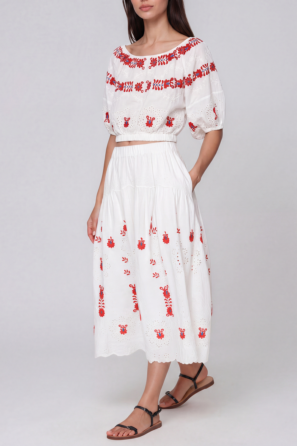Kaida Puff Sleeve Embroided Floral Skirt Set
