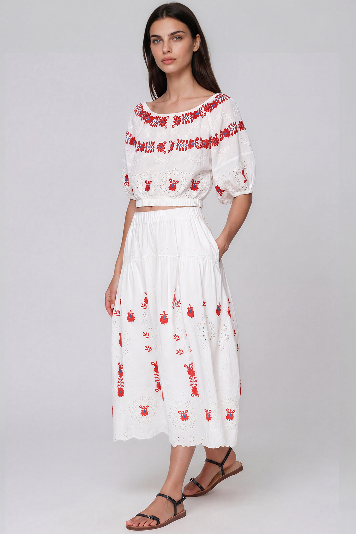 Kaida Puff Sleeve Embroided Floral Skirt Set