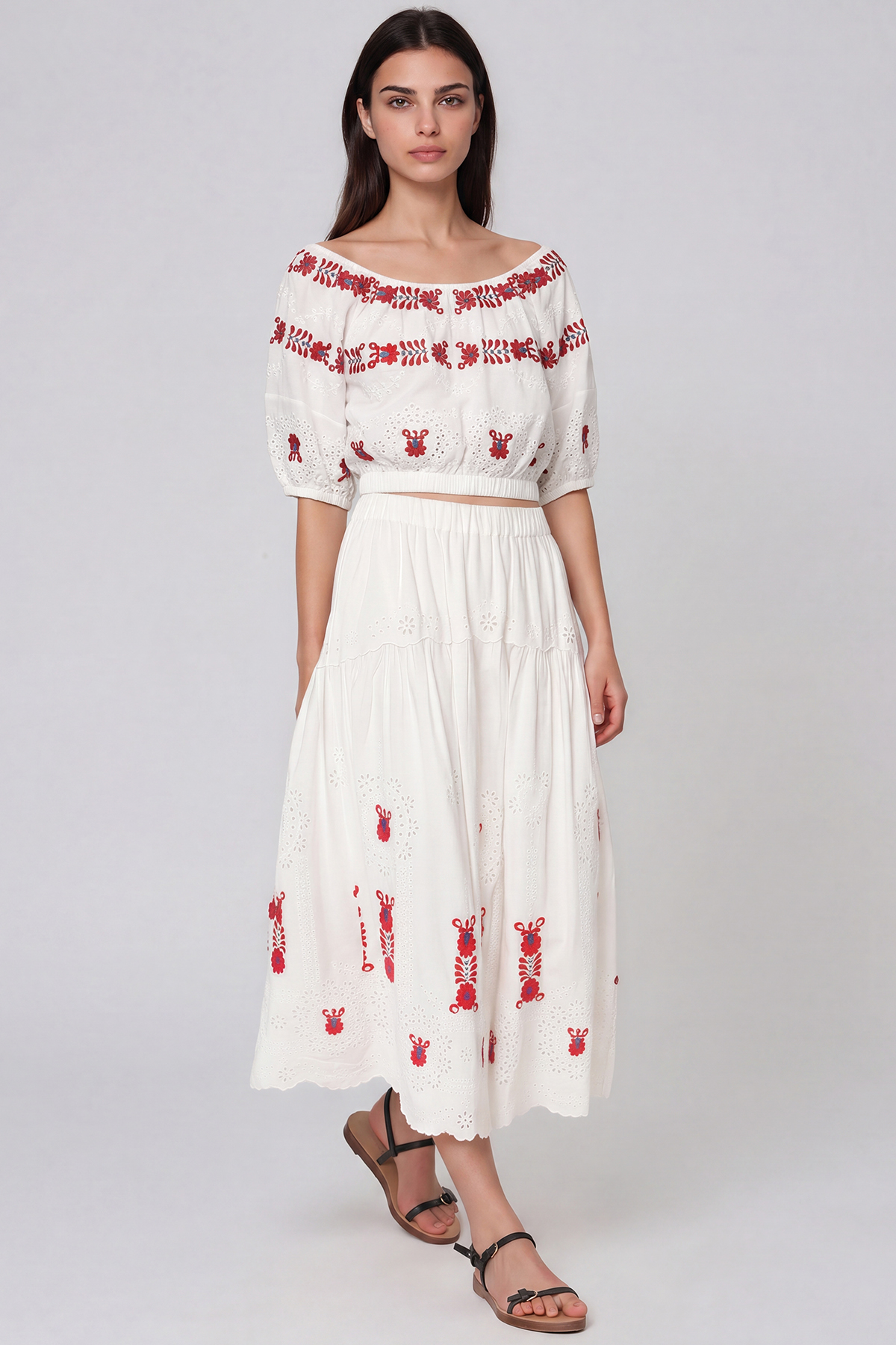 Kaida Puff Sleeve Embroided Floral Skirt Set