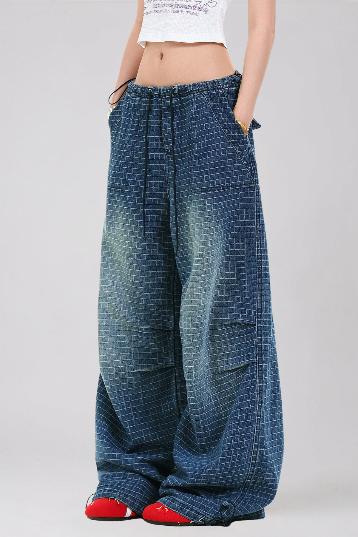 Kailena Drawstring Grid Jeans