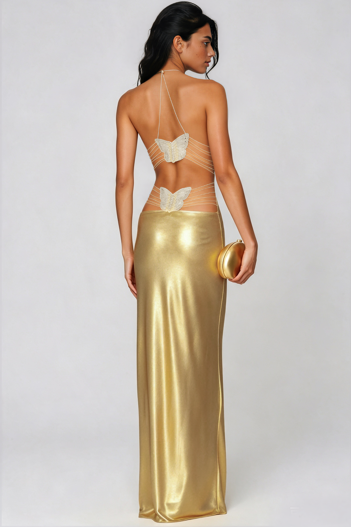 Kala Backless Glitter Butterfly Maxi Dress