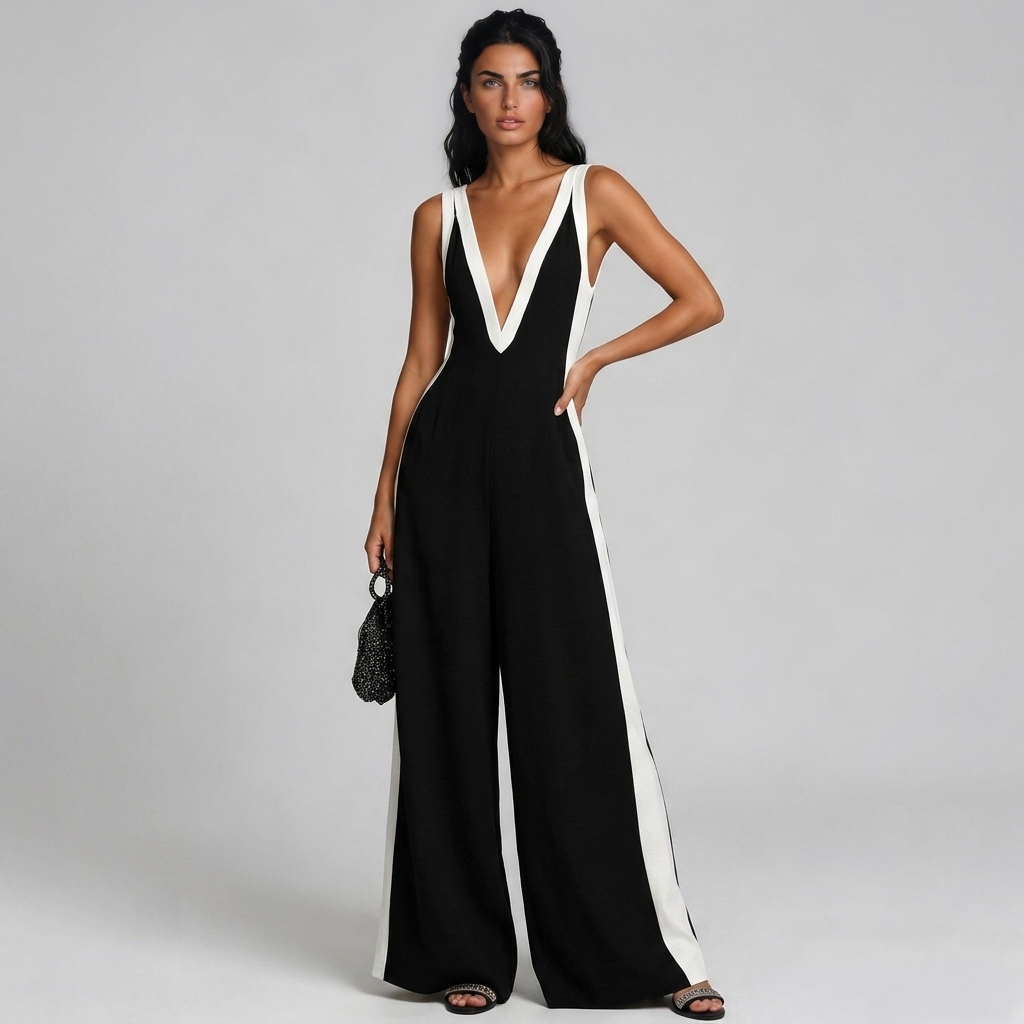 Kalani Plunge Colorblock Jumpsuit In Black