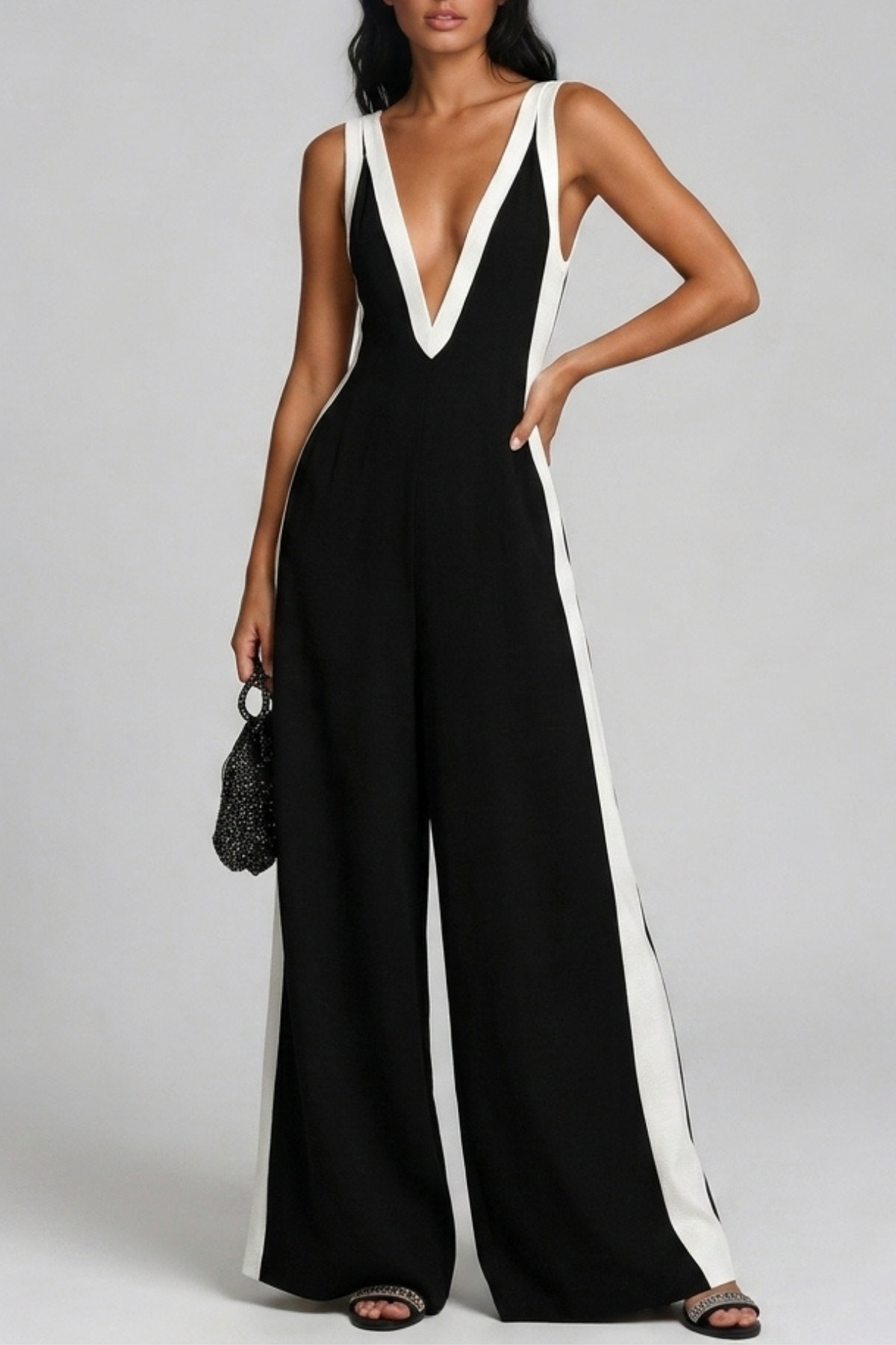 Kalani Plunge Colorblock Jumpsuit In Black