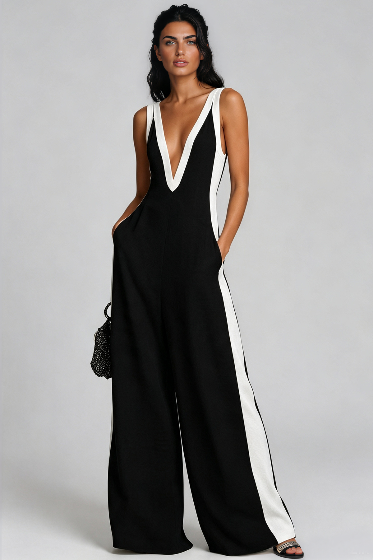 Kalani Plunge Colorblock Jumpsuit In Black