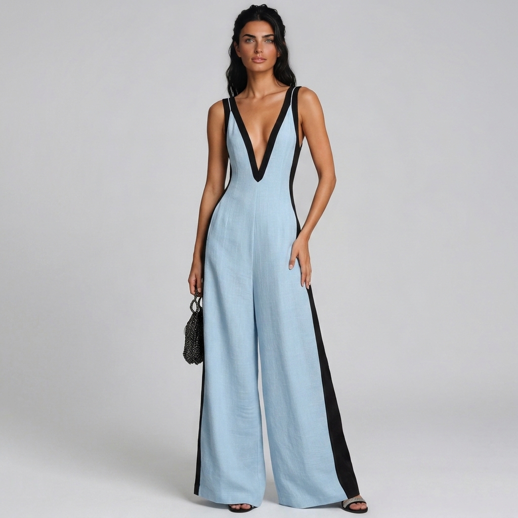 Kalani Plunge Colorblock Jumpsuit In Blue