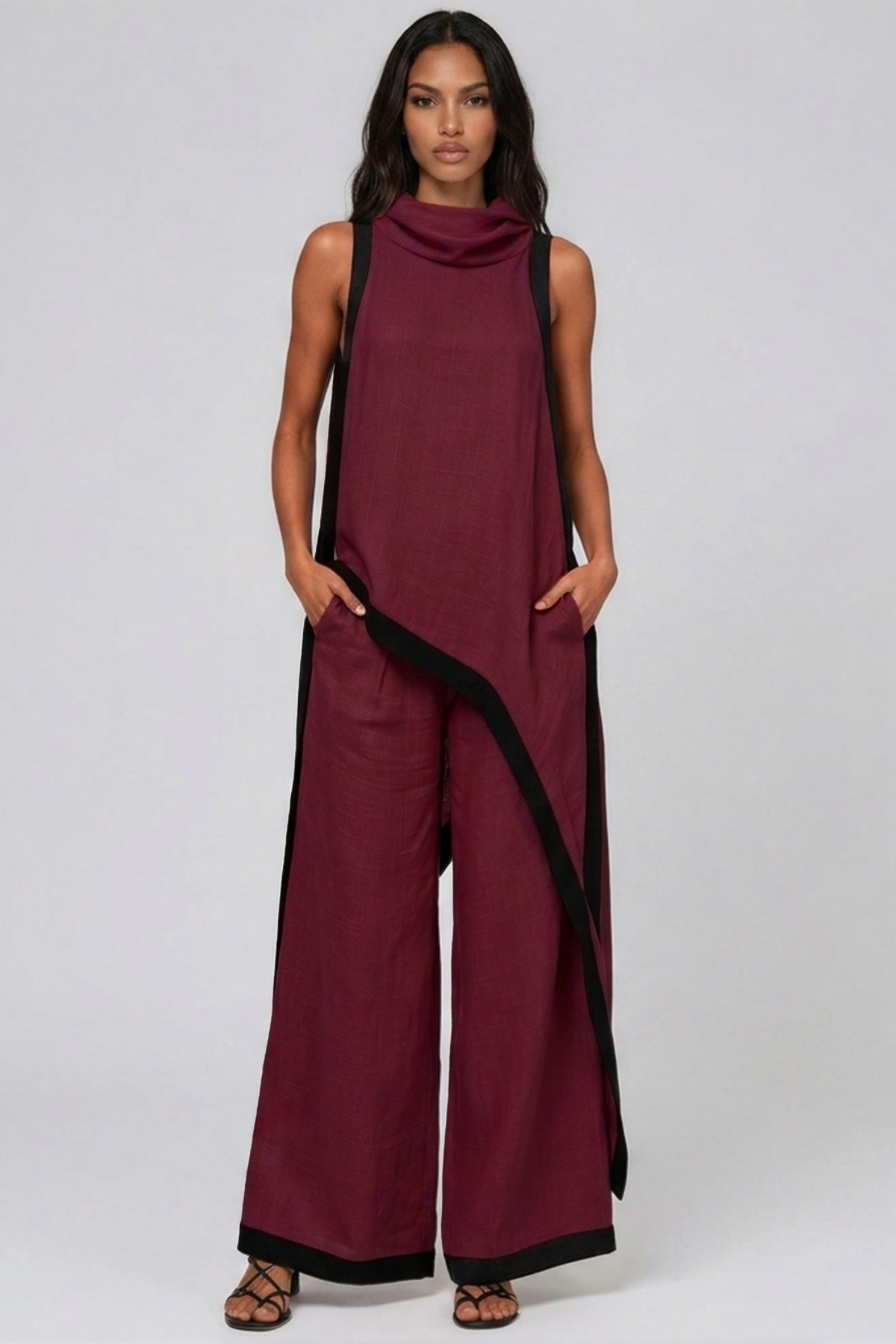Kalani Sleeveless Hooded Pant Set In Wine