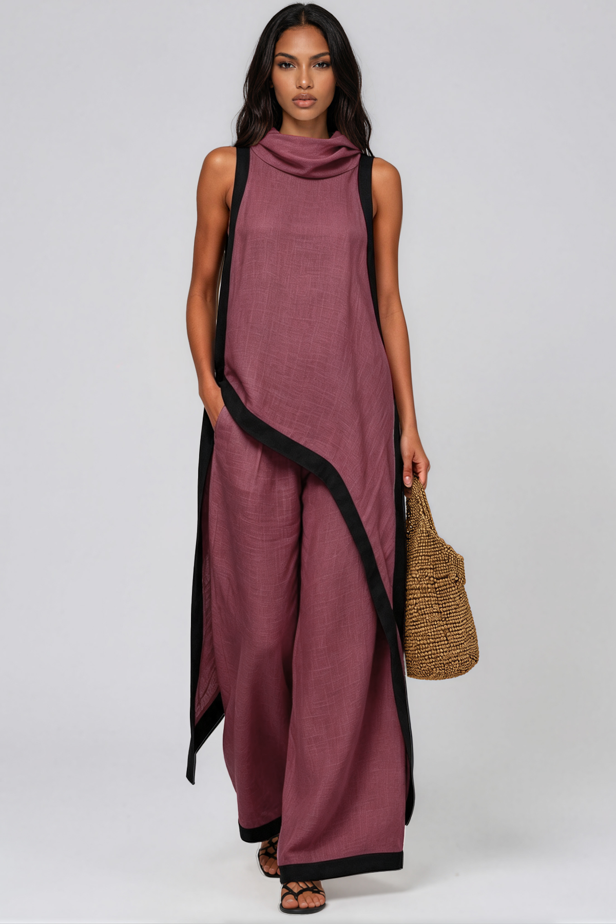 Kalani Sleeveless Hooded Pant Set In Wine