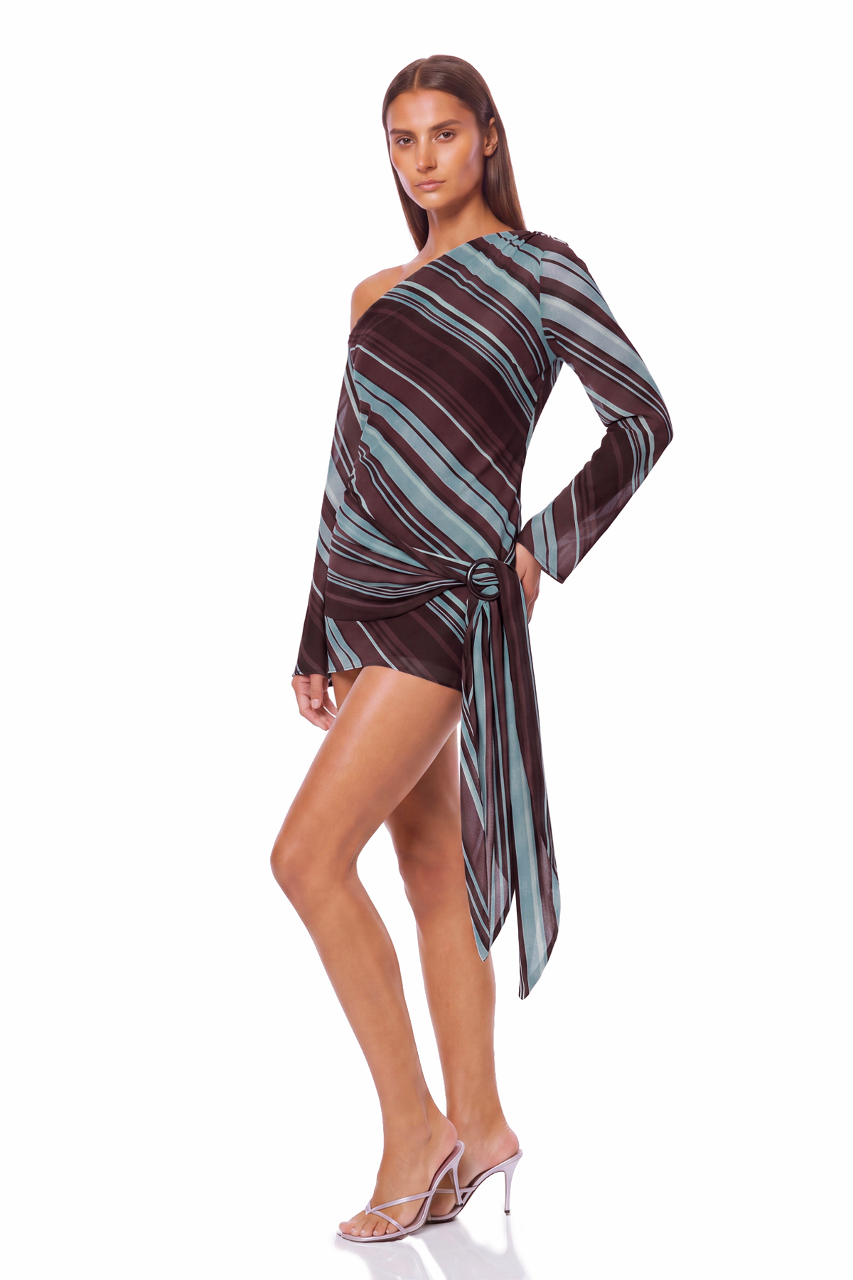 Kaleho One Shoulder Stripe Mini Dress In Brown