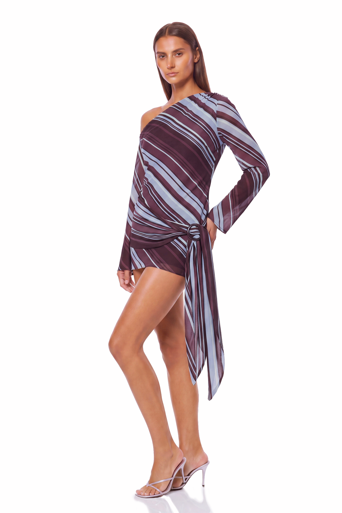 Kaleho One Shoulder Stripe Mini Dress In Brown