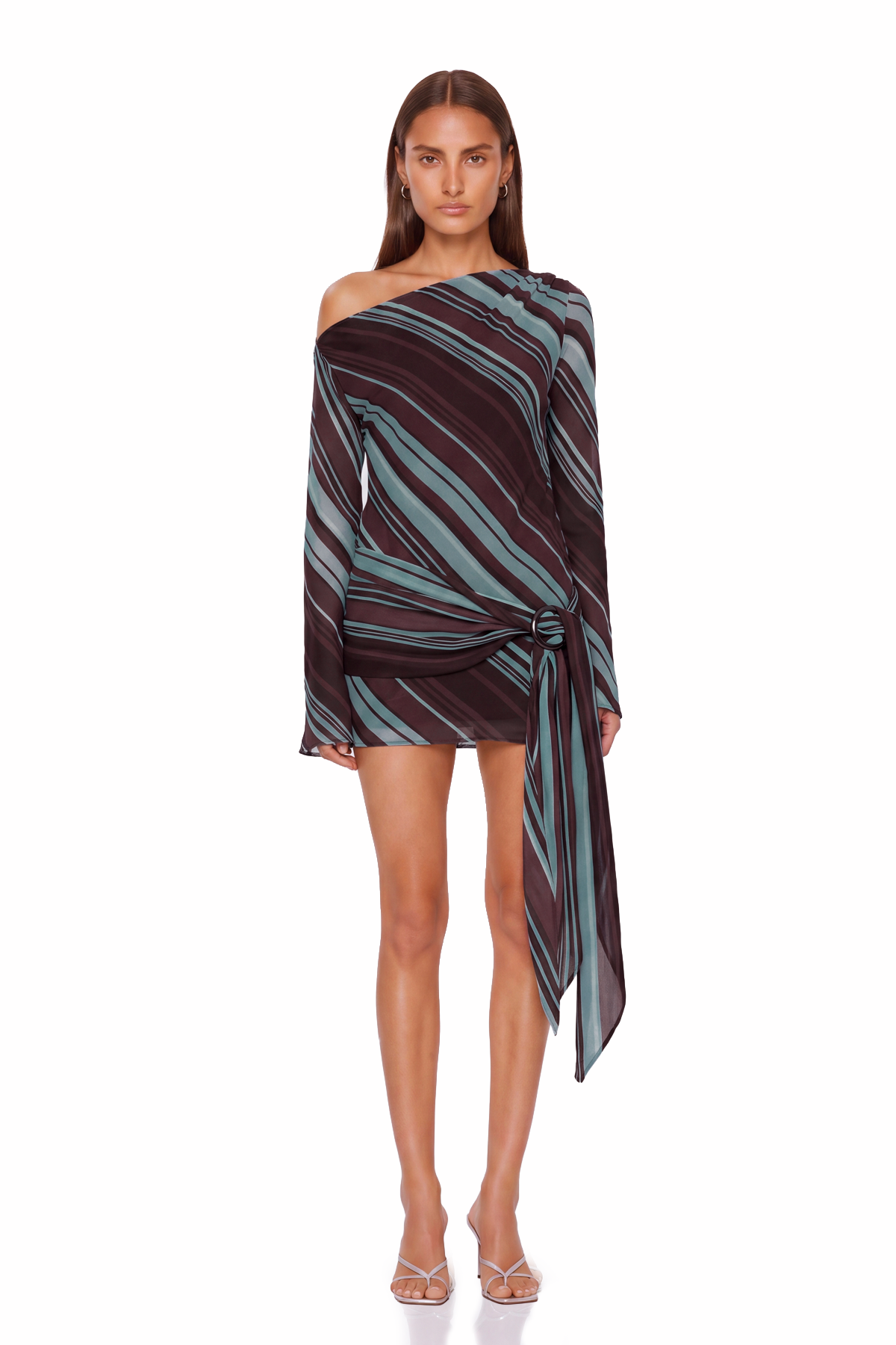 Kaleho One Shoulder Stripe Mini Dress In Brown