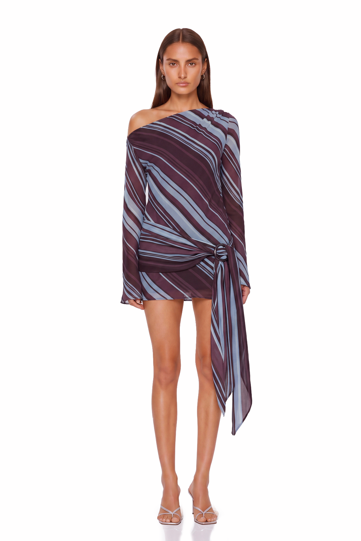 Kaleho One Shoulder Stripe Mini Dress In Brown