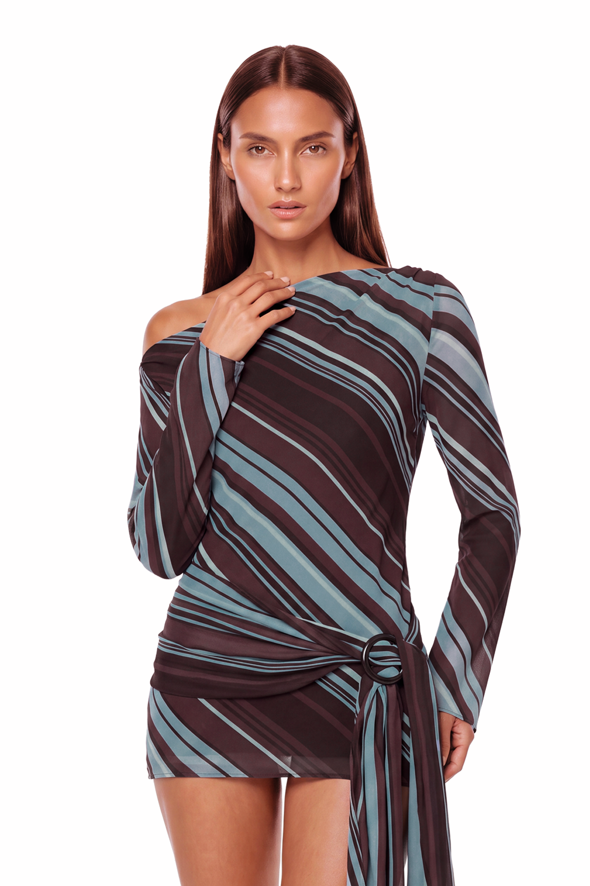 Kaleho One Shoulder Stripe Mini Dress In Brown