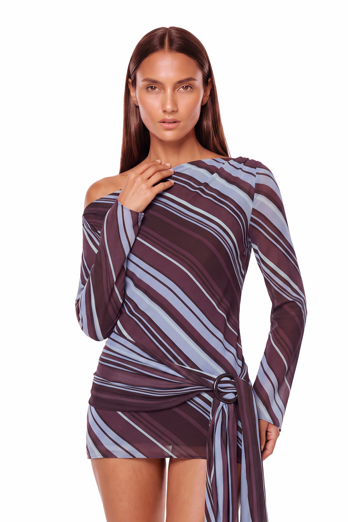 Kaleho One Shoulder Stripe Mini Dress In Brown