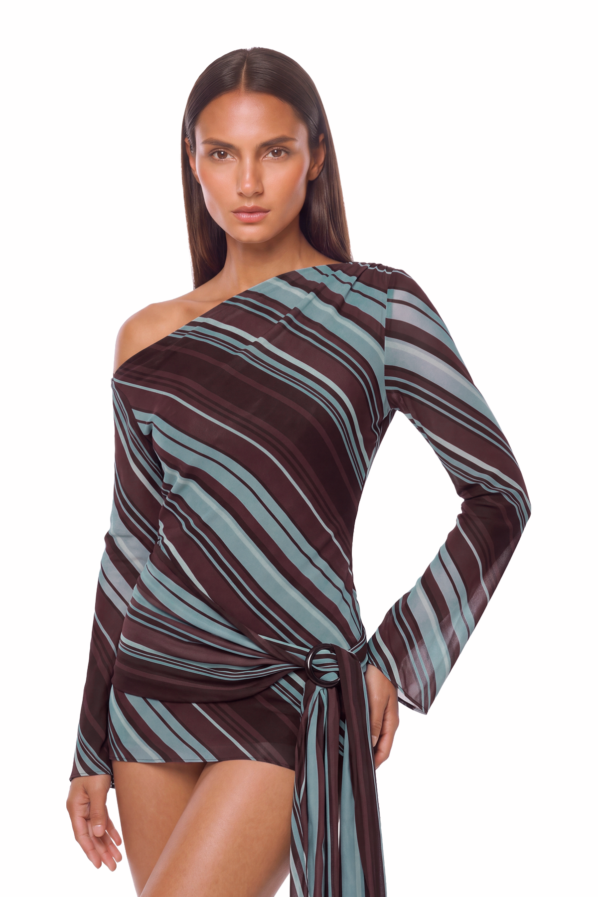 Kaleho One Shoulder Stripe Mini Dress In Brown