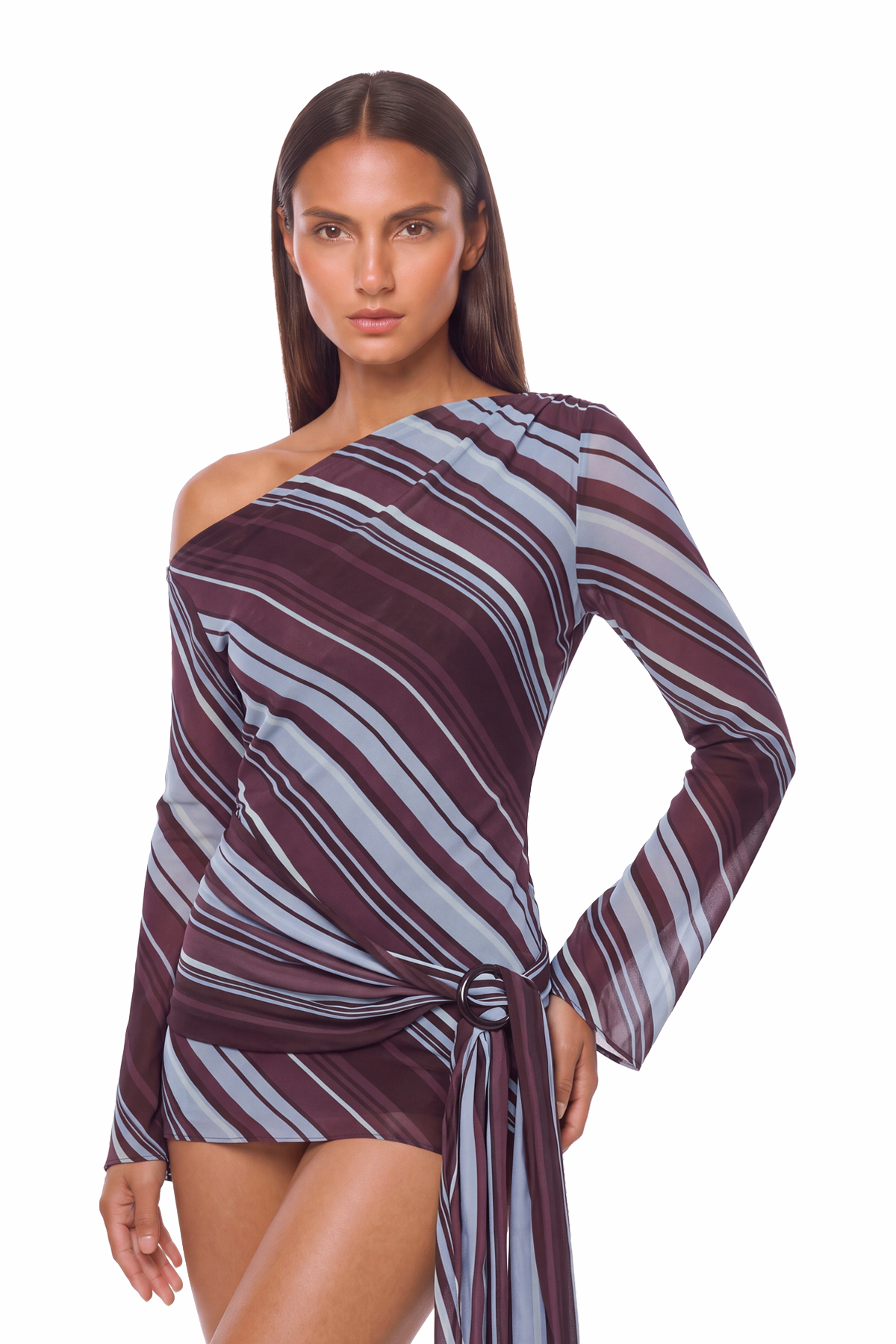 Kaleho One Shoulder Stripe Mini Dress In Brown