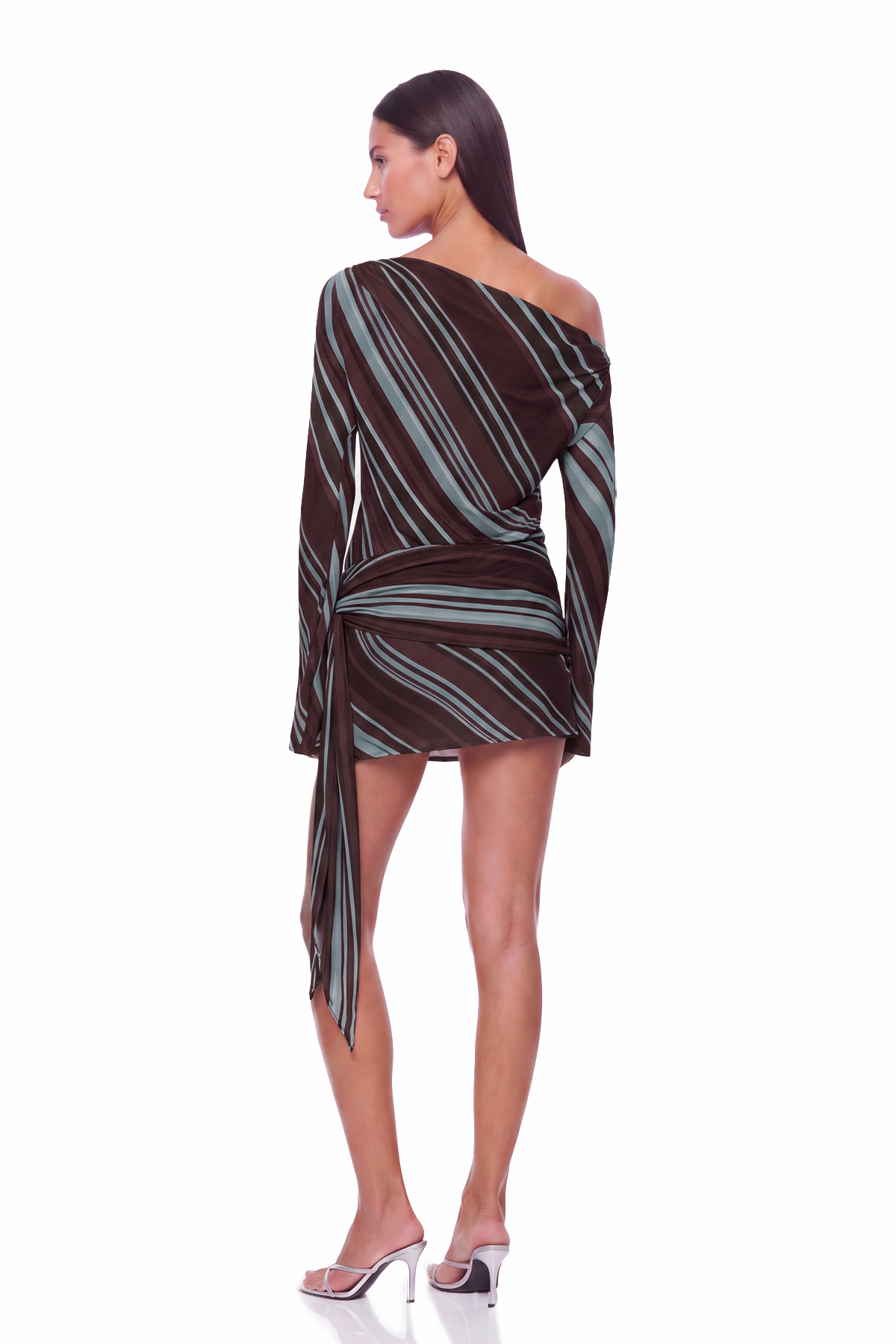 Kaleho One Shoulder Stripe Mini Dress In Brown