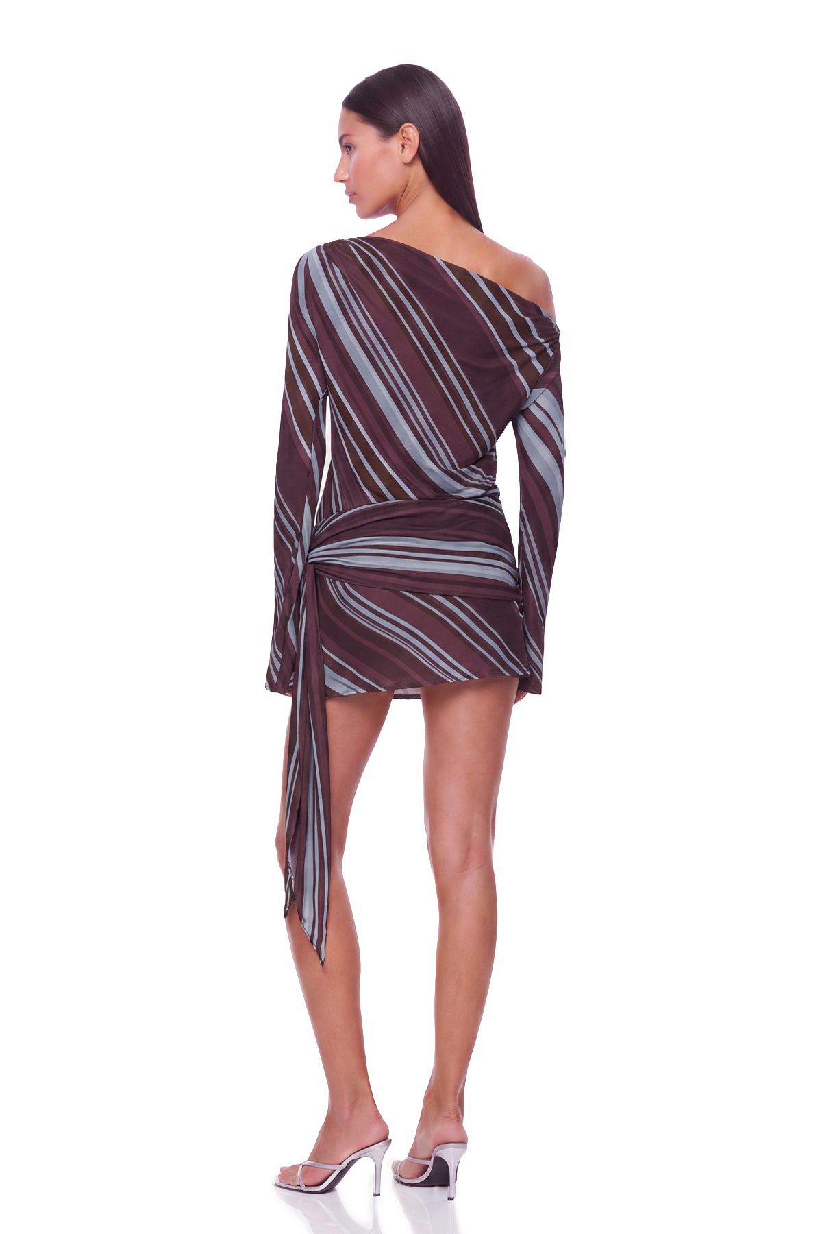Kaleho One Shoulder Stripe Mini Dress In Brown