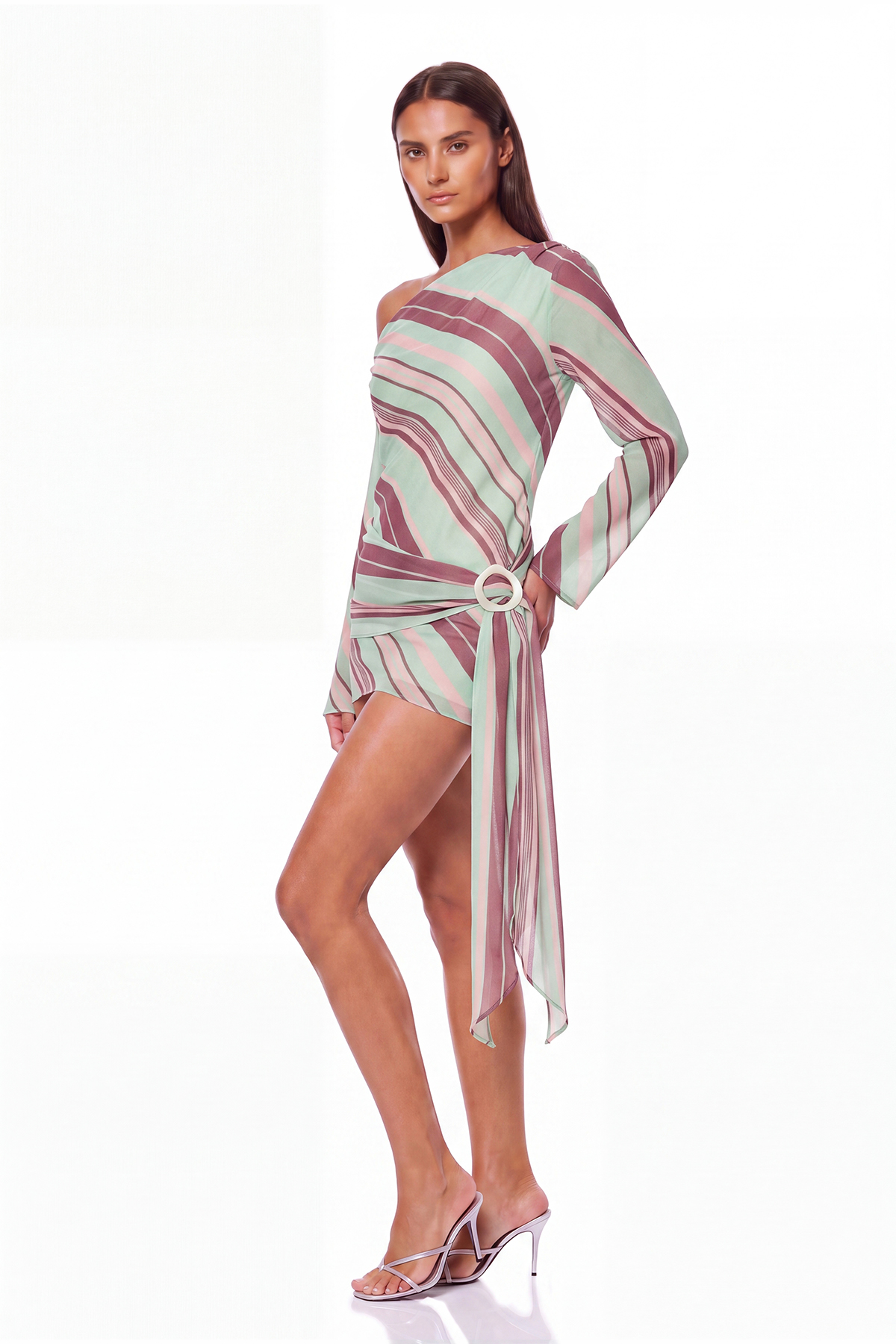 Kaleho One Shoulder Stripe Mini Dress In Pink