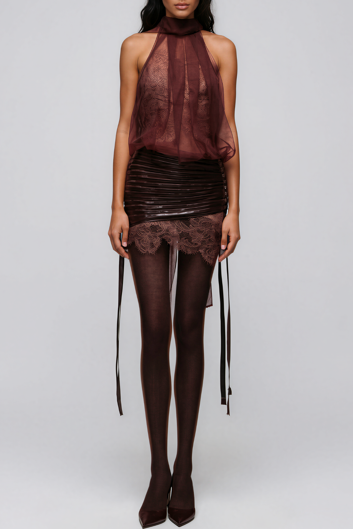 Kalida Halter Neck Mesh Lace Skirt Set