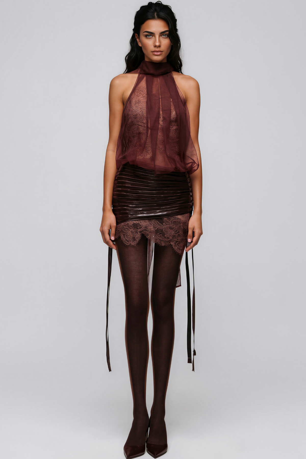 Kalida Halter Neck Mesh Lace Skirt Set