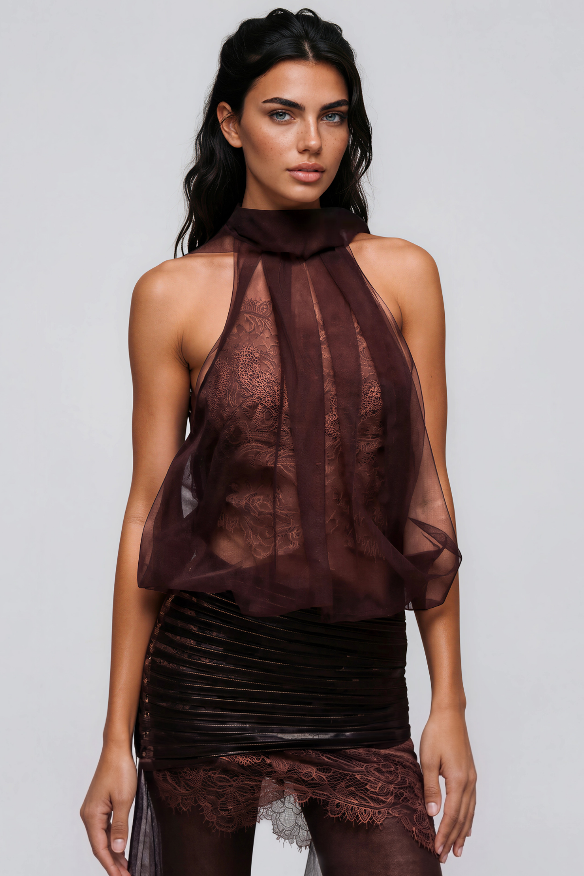 Kalida Halter Neck Mesh Lace Skirt Set