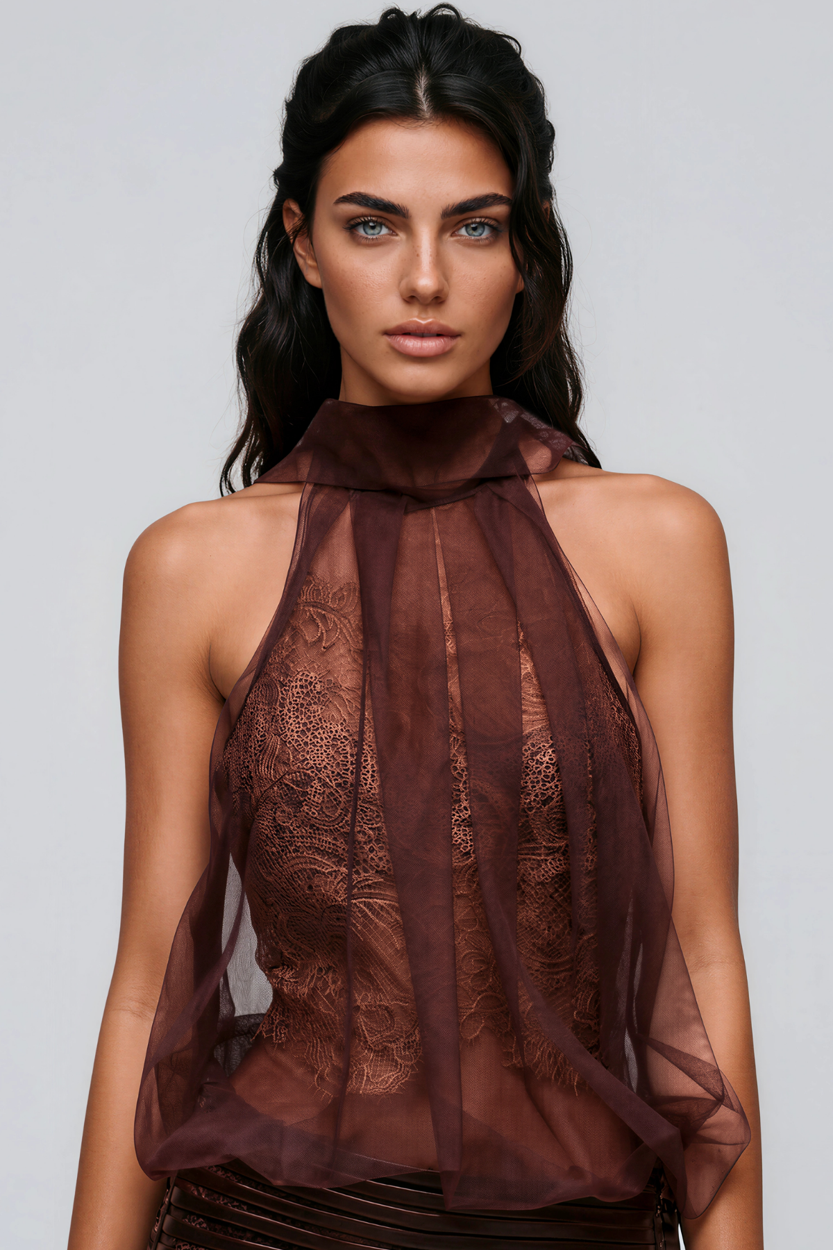 Kalida Halter Neck Mesh Lace Skirt Set