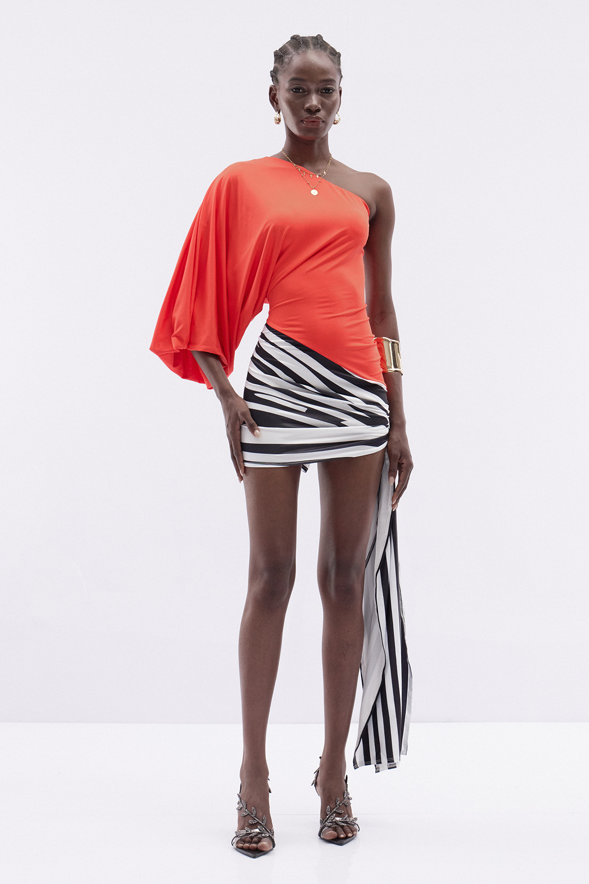 Kallistos Asymmetric Draped Stripe Mini Dress
