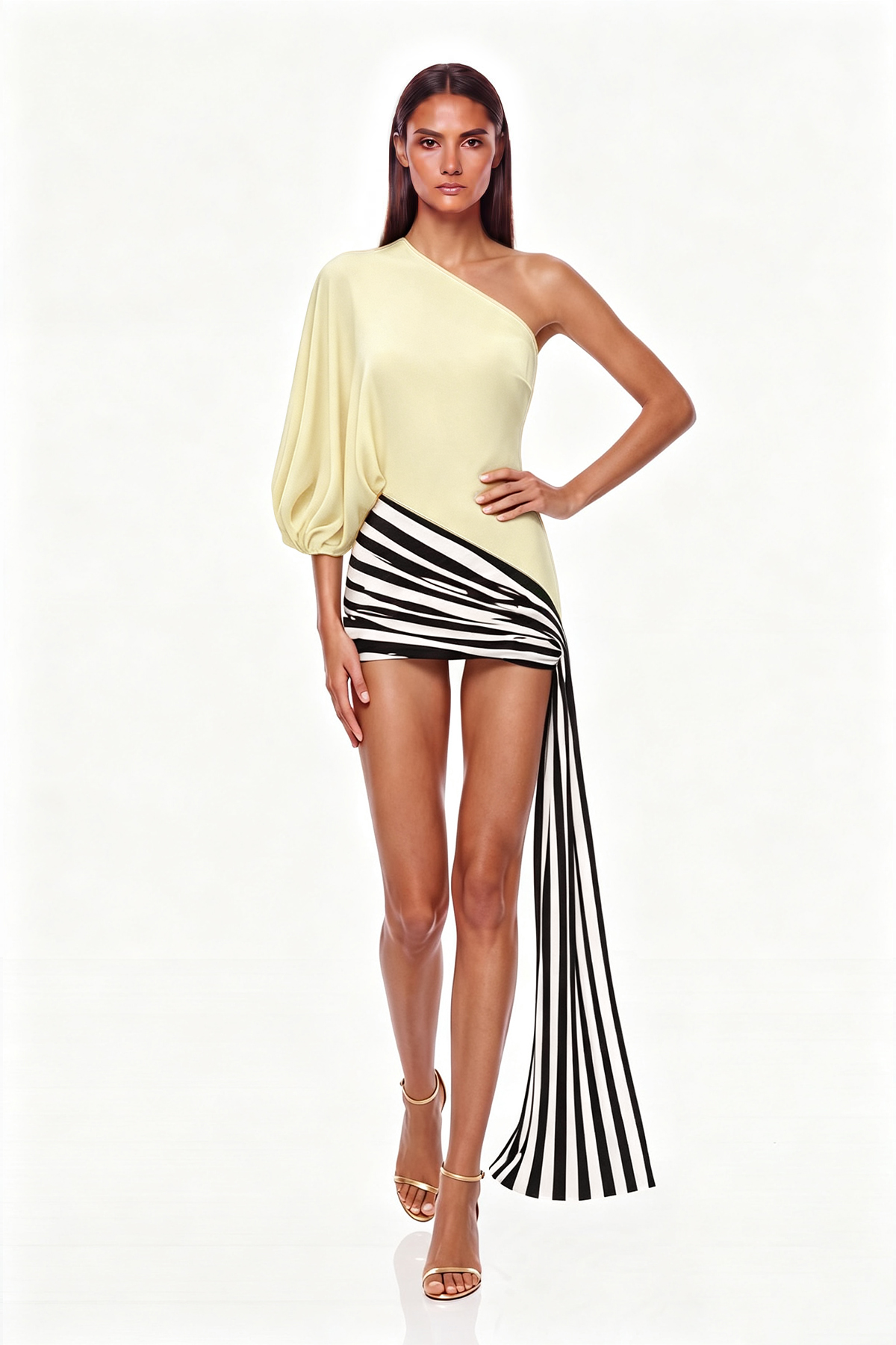 Kallistos Asymmetric Draped Stripe Mini Dress In Butter Yellow