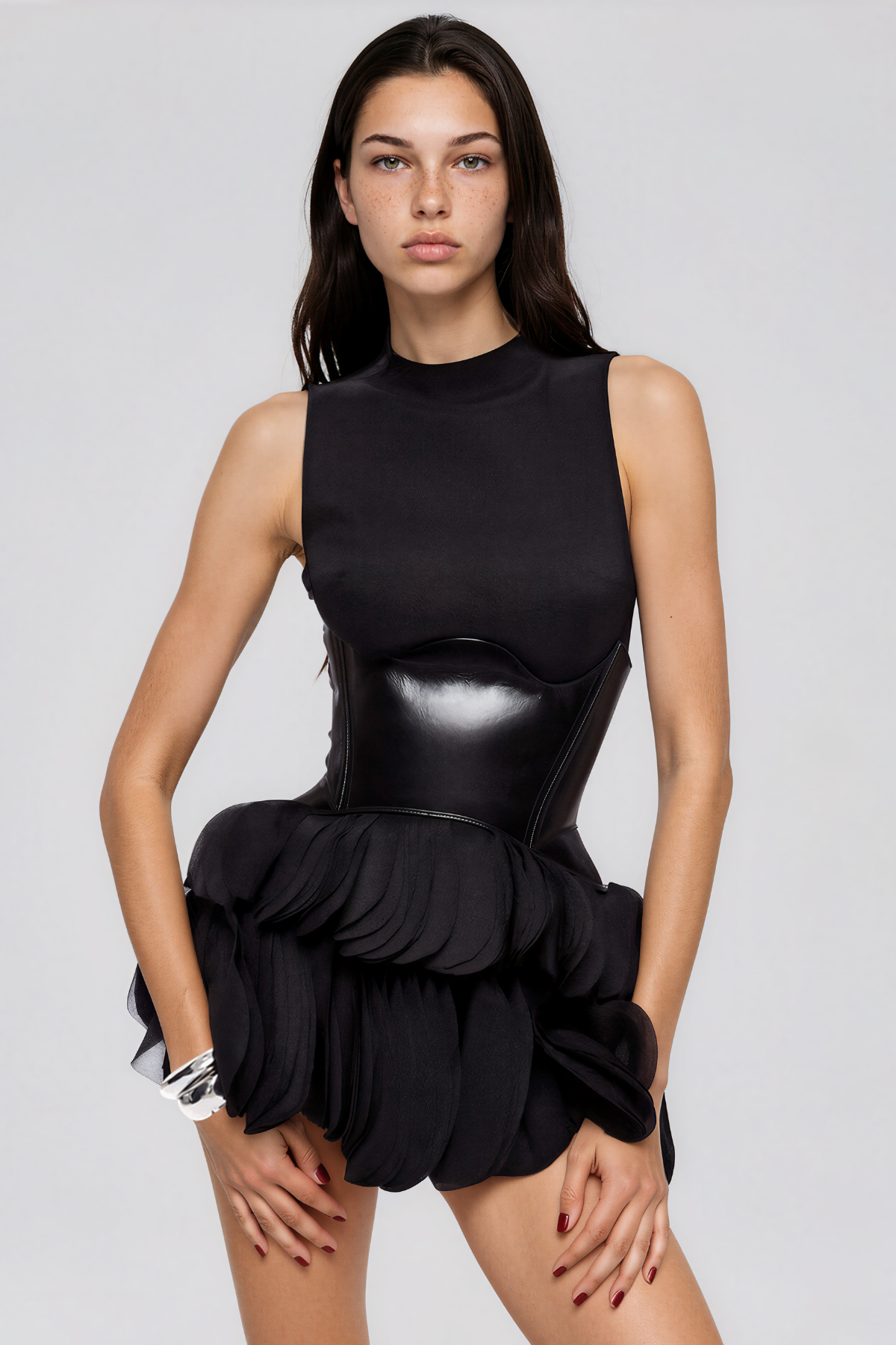 Kalliyan Sleeveless Leather Ruch Mini Dress