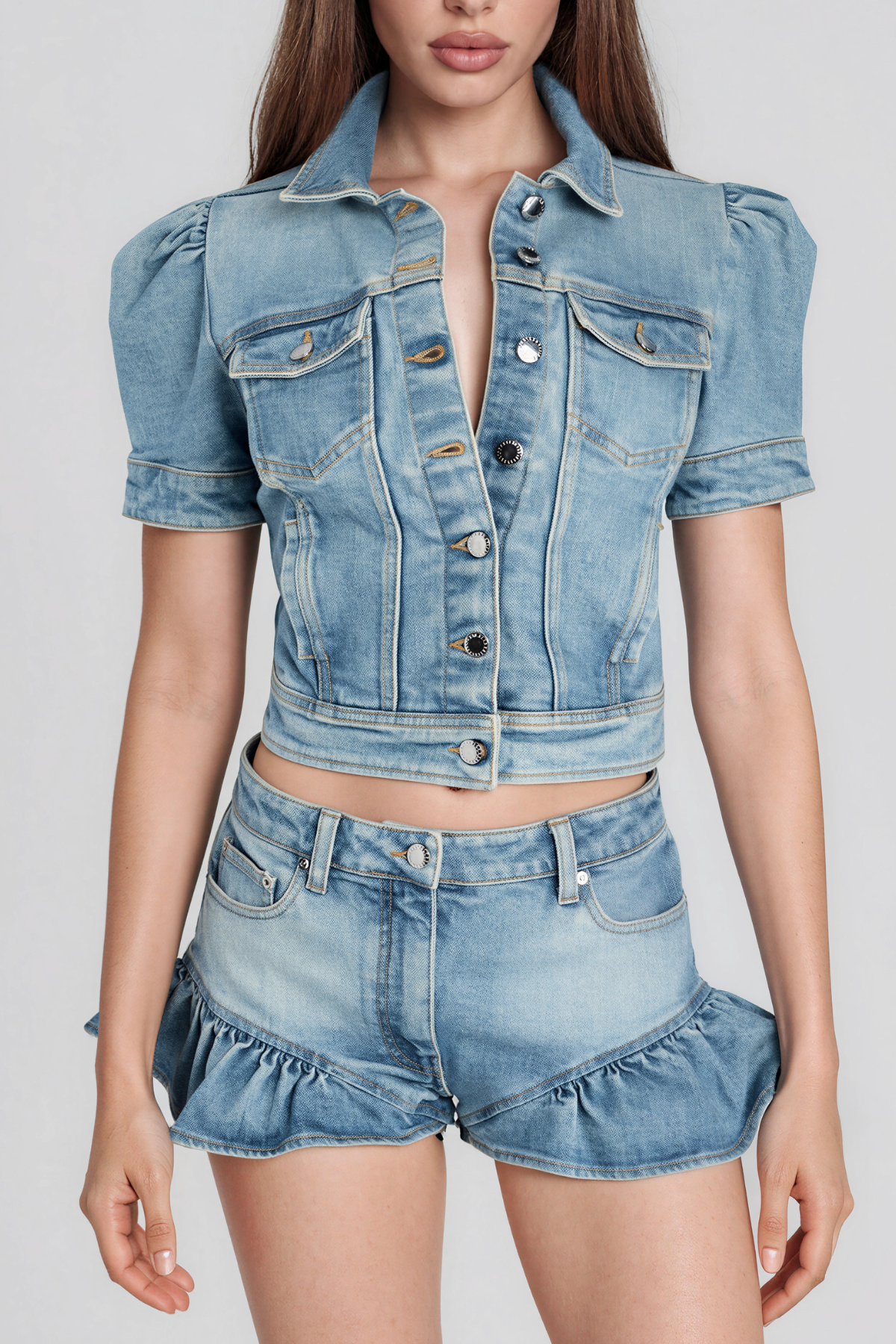 Kamalani Puff Sleeve Ruffle Denim Shorts Set