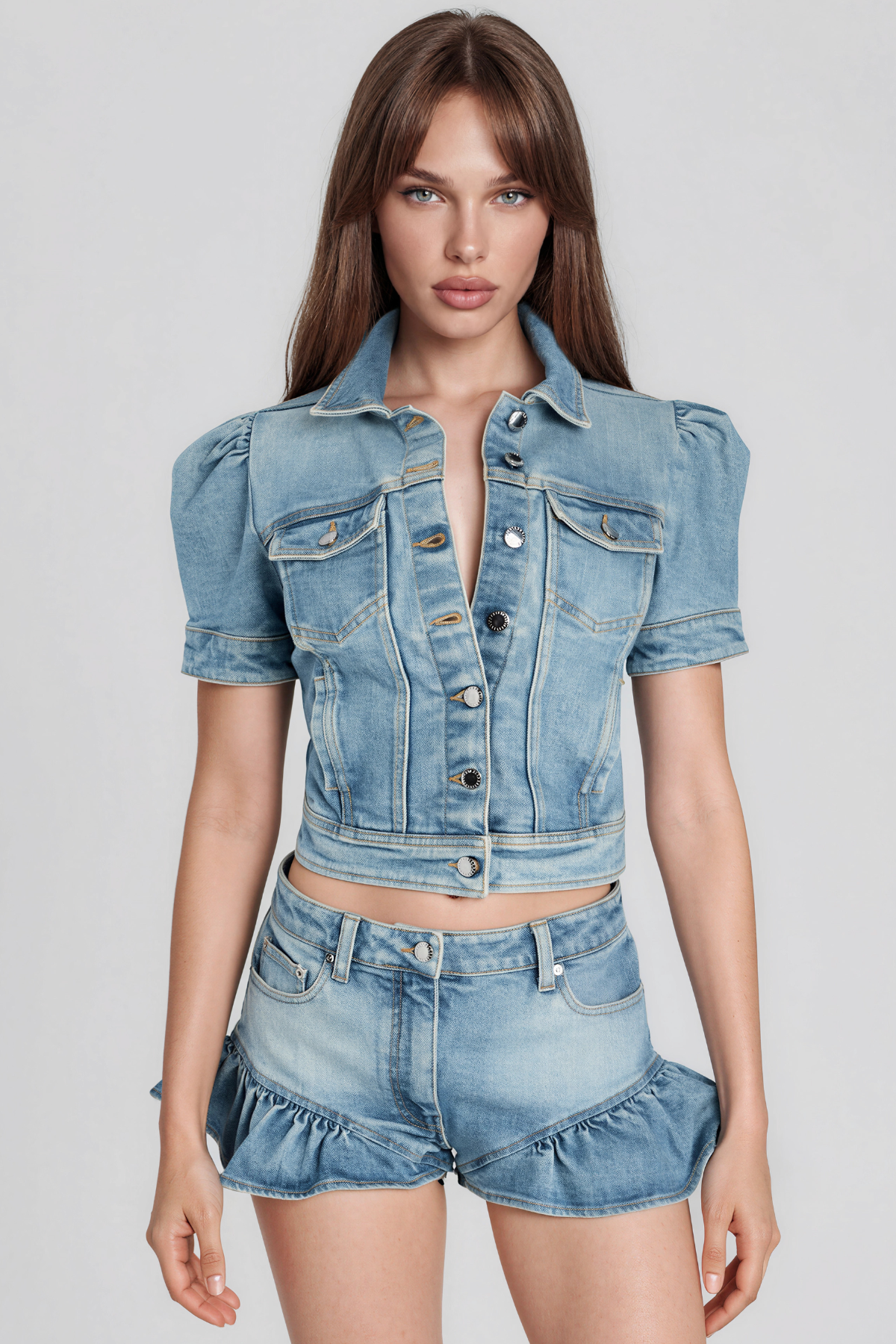 Kamalani Puff Sleeve Ruffle Denim Shorts Set