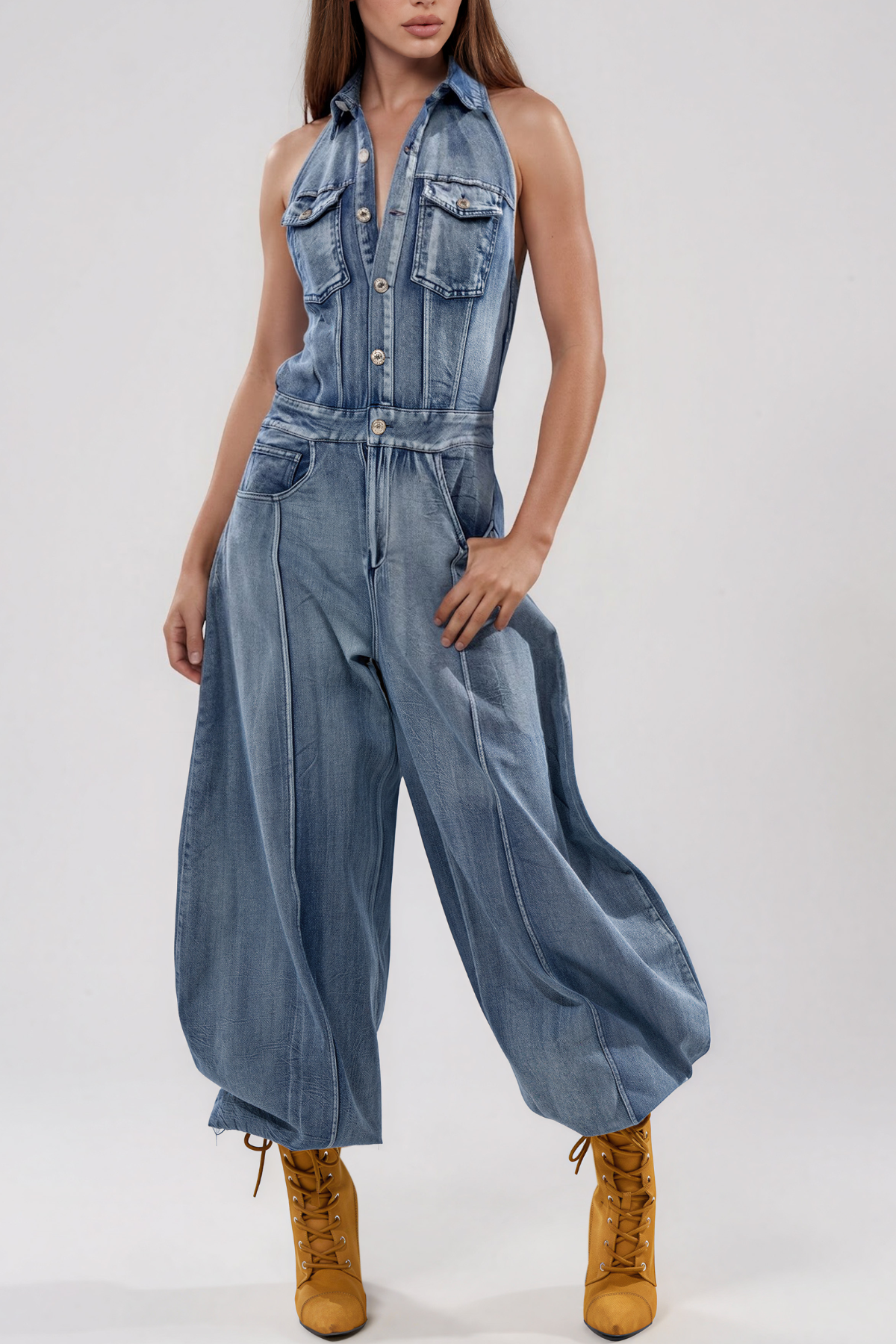 Kamali Halter Neck Denim Baggy Jumpsuit