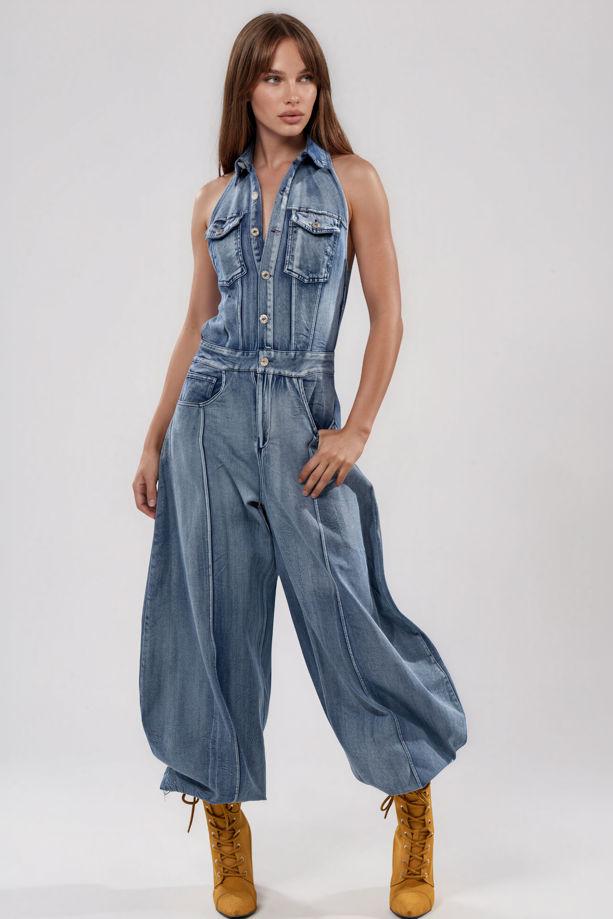 Kamali Halter Neck Denim Baggy Jumpsuit