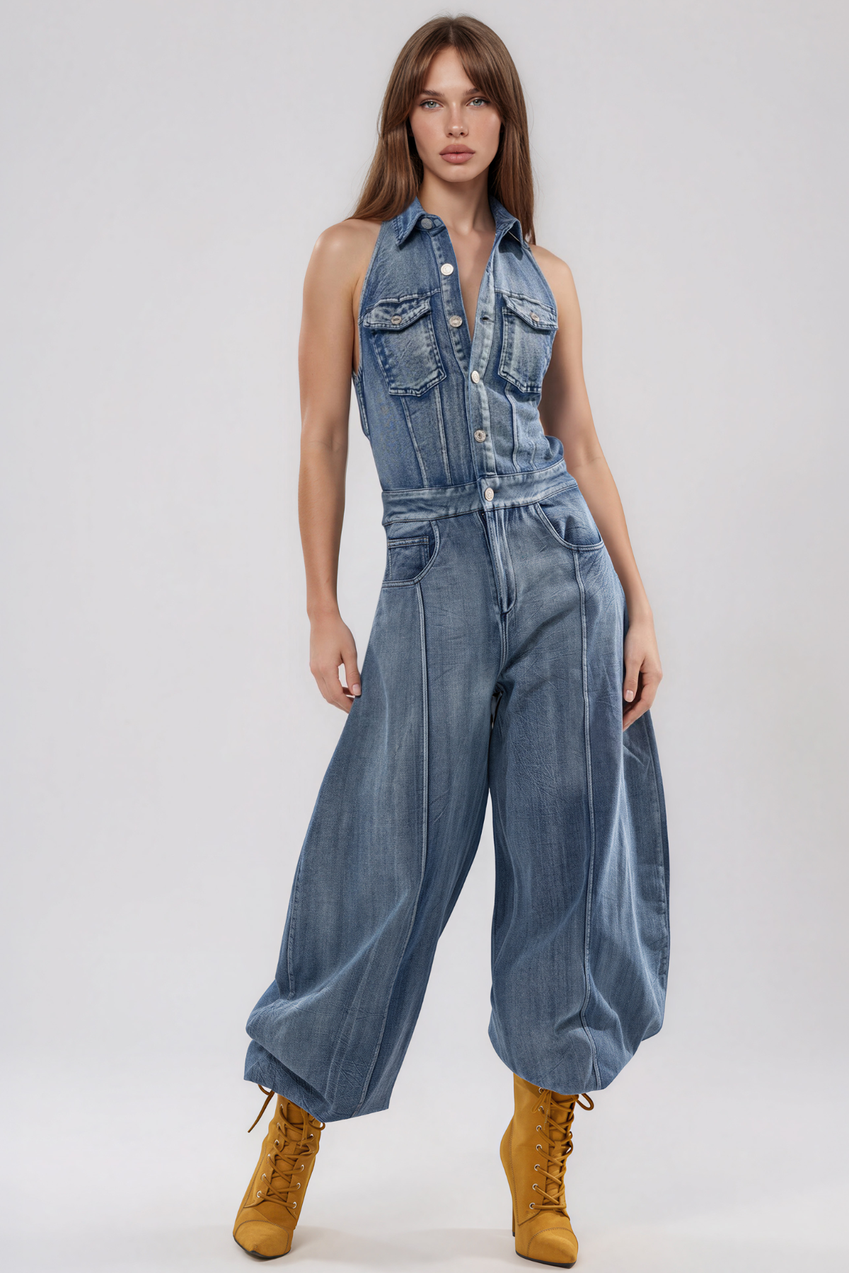 Kamali Halter Neck Denim Baggy Jumpsuit