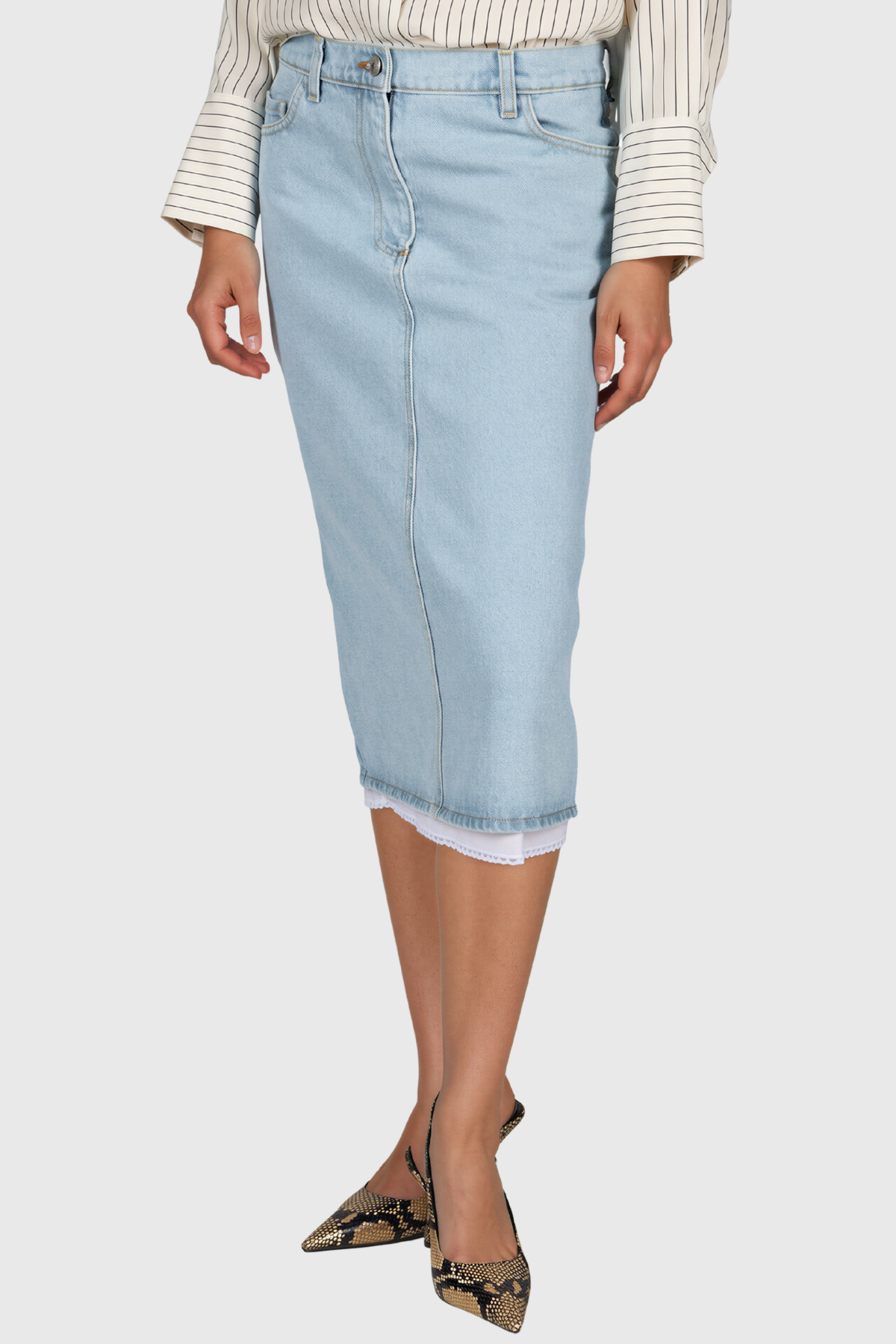 Kamea Lace Hem Denim Midi Skirt