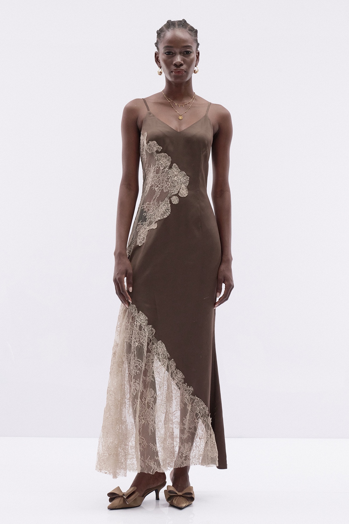 Kamika Spaghetti Lace Satin Maxi Dress