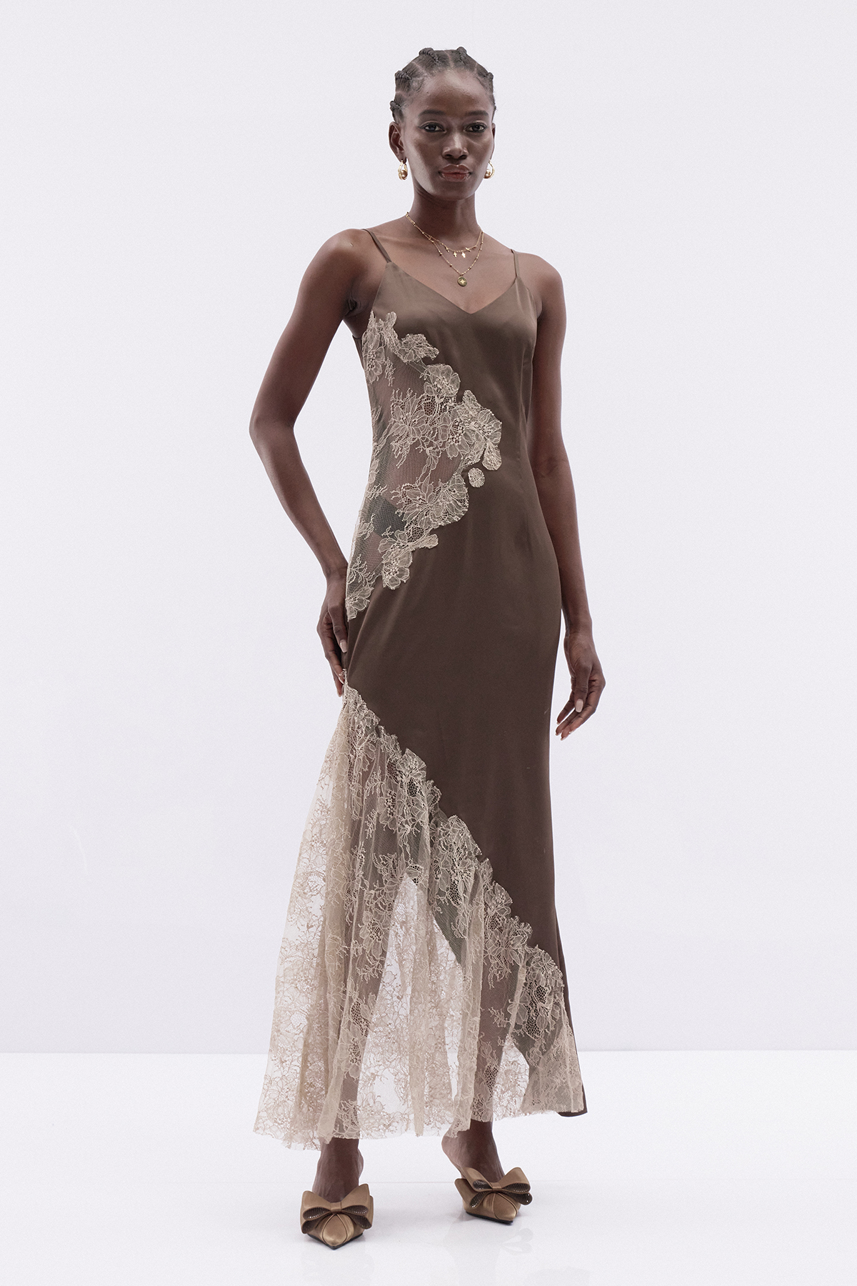 Kamika Spaghetti Lace Satin Maxi Dress