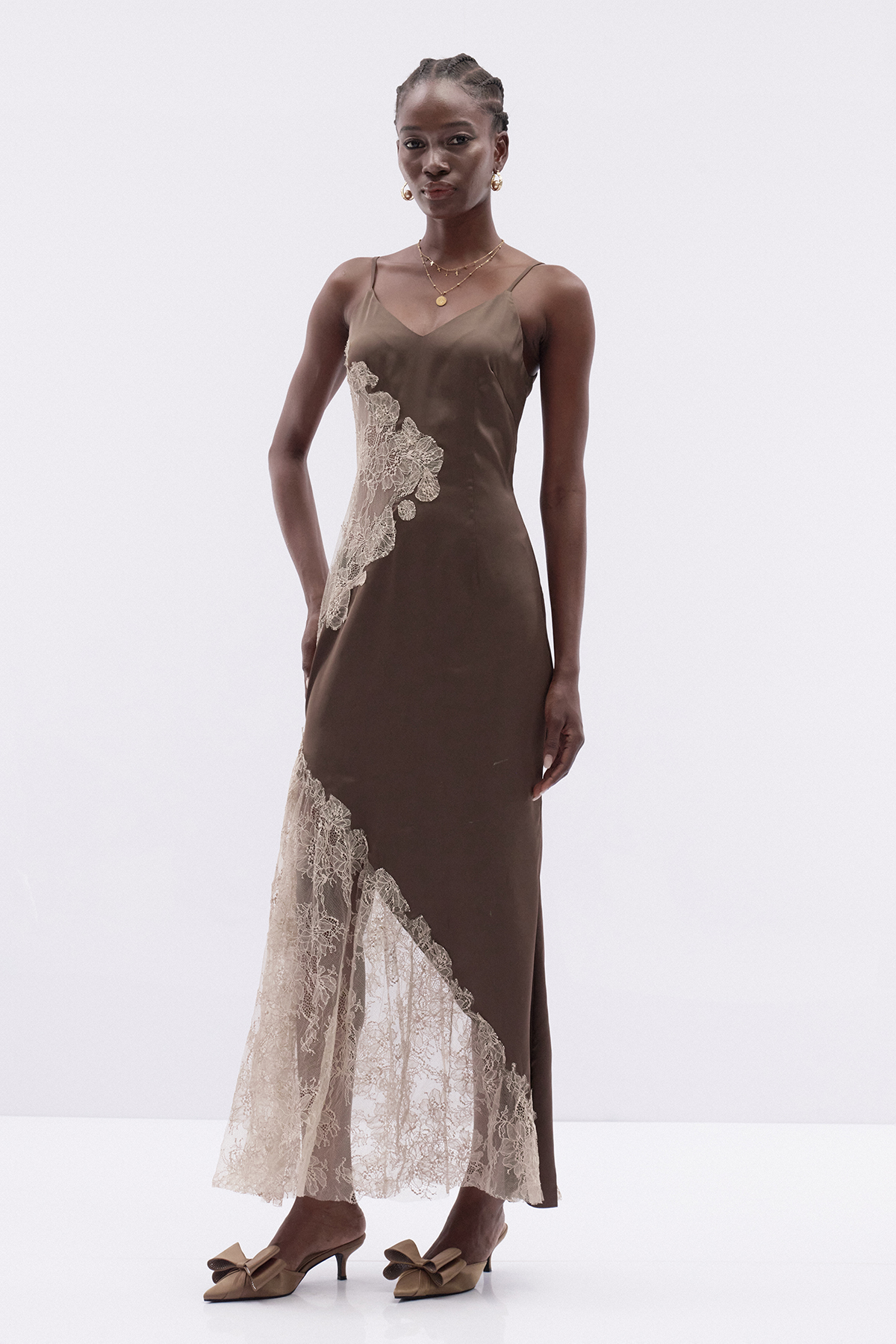 Kamika Spaghetti Lace Satin Maxi Dress