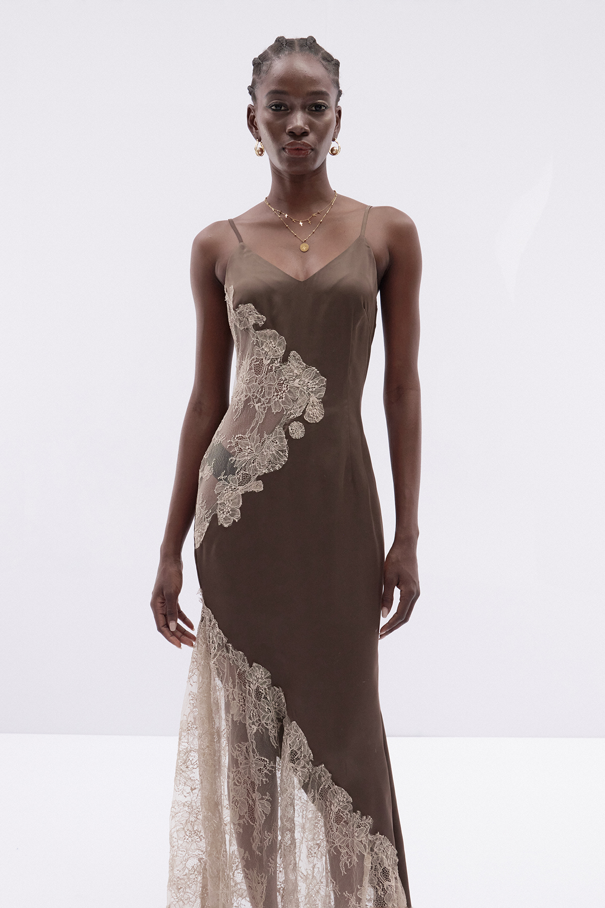 Kamika Spaghetti Lace Satin Maxi Dress