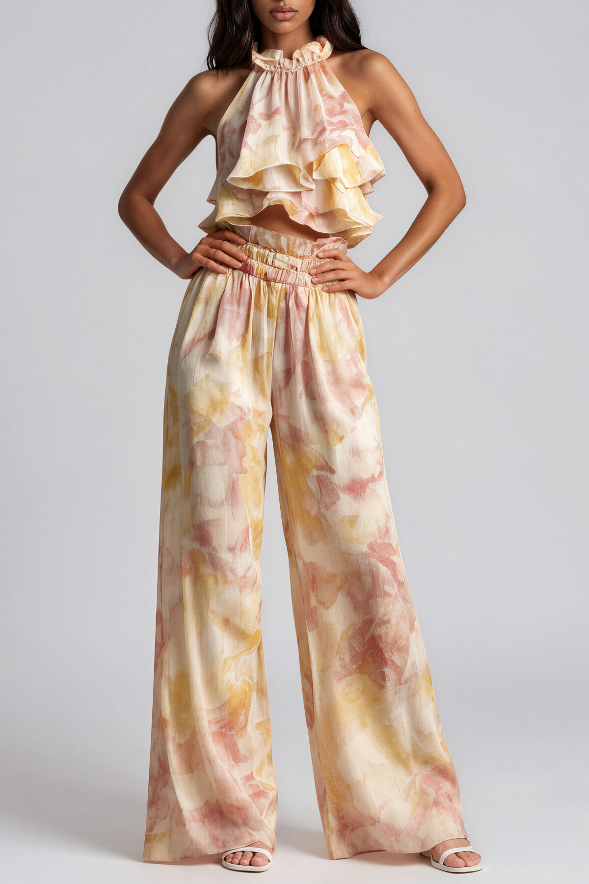 Kana Halter Neck Ruffle Print Pants Set