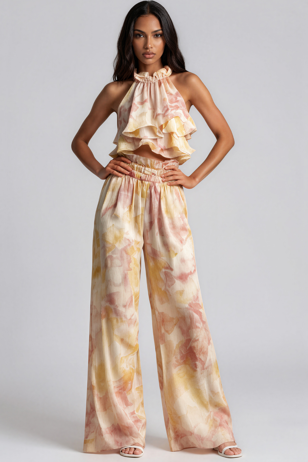 Kana Halter Neck Ruffle Print Pants Set