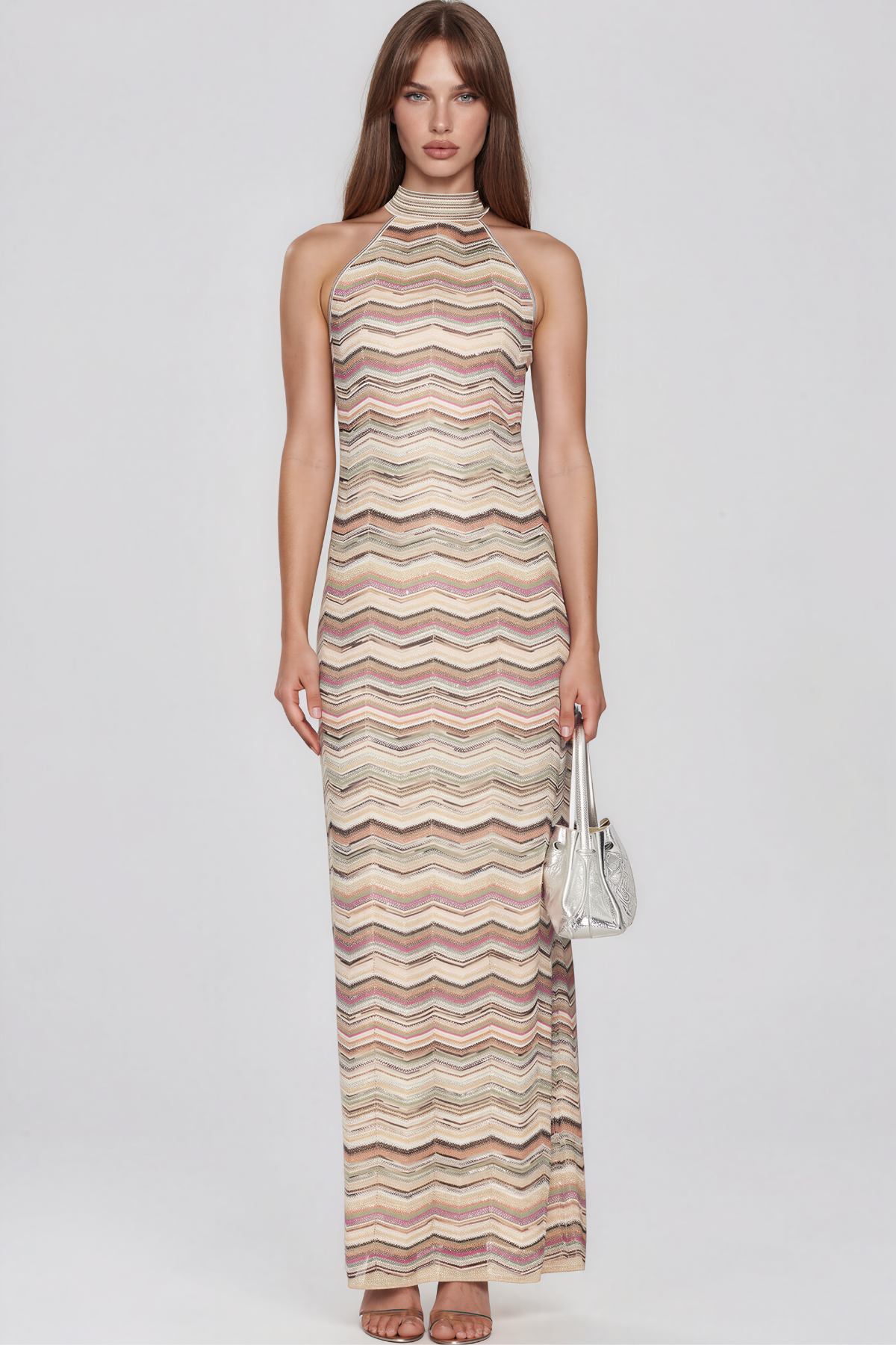 Kanak Halter Neck Knit Stripe Maxi Dress