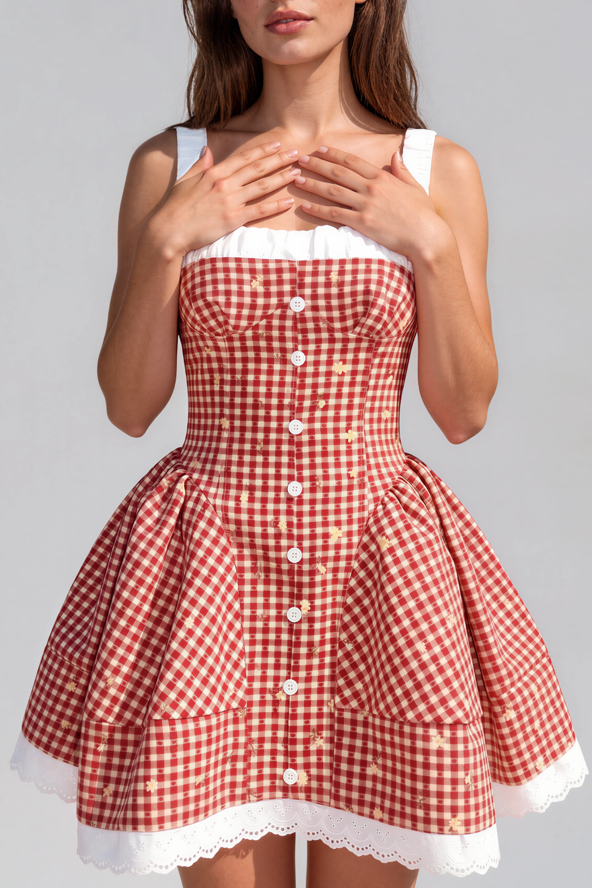 Kangee Spaghetti Grid Button Mini Dress