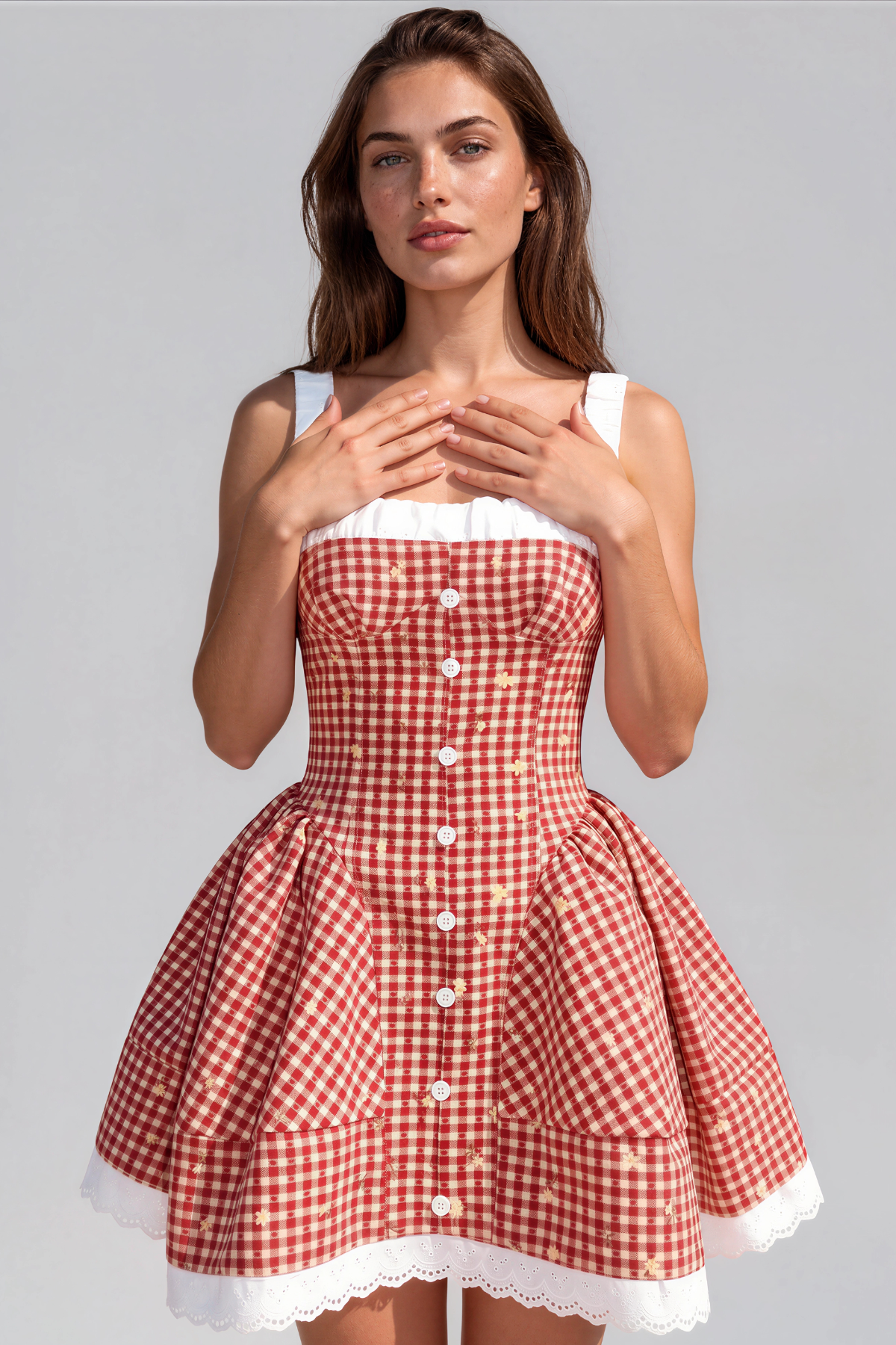 Kangee Spaghetti Grid Button Mini Dress
