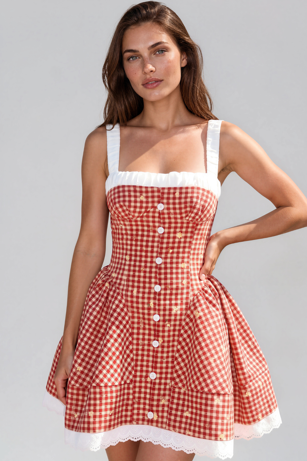 Kangee Spaghetti Grid Button Mini Dress