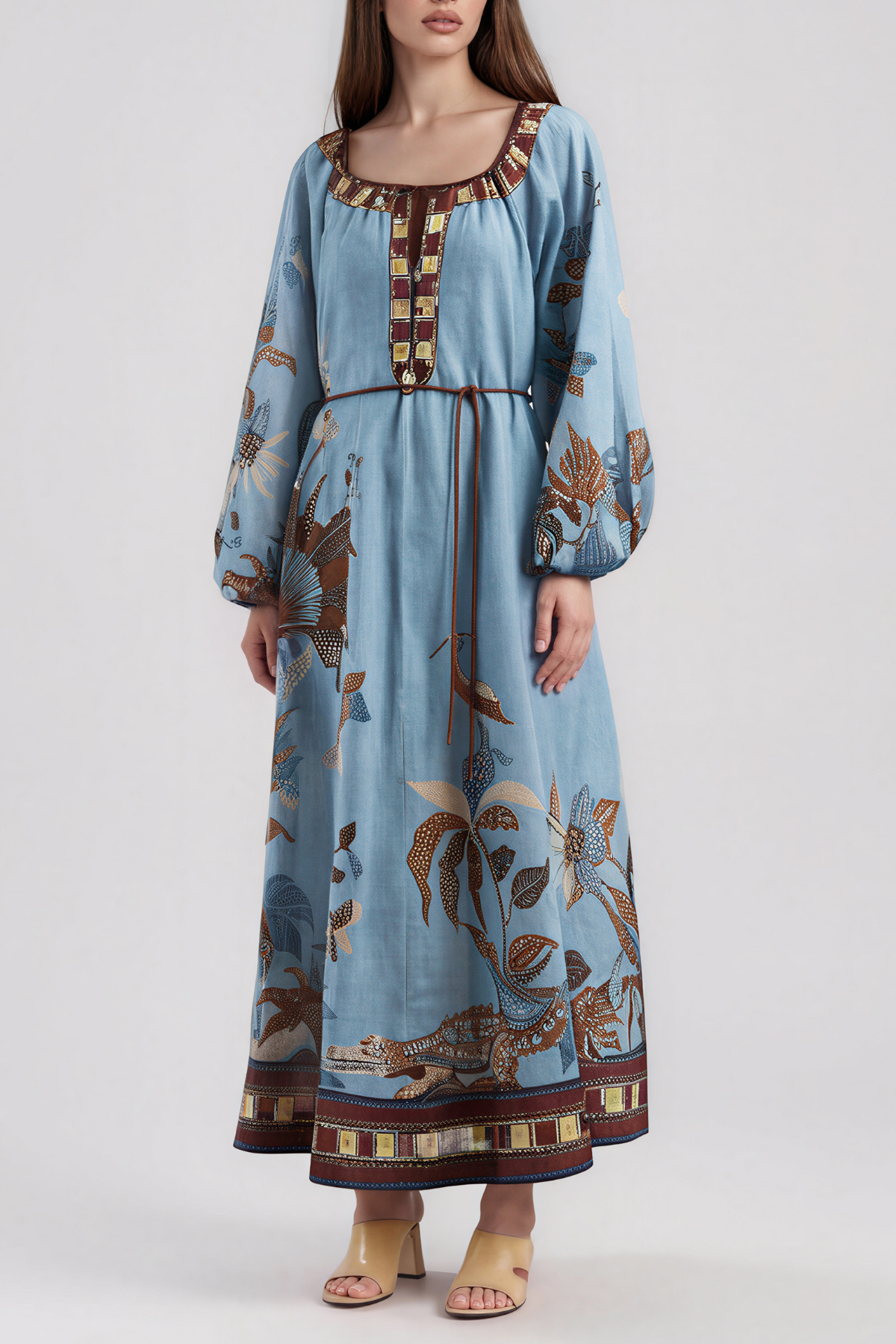 Kanji Balloon Sleeve Print Maxi Dress