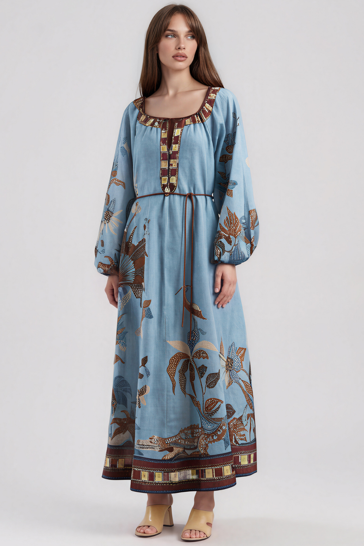 Kanji Balloon Sleeve Print Maxi Dress